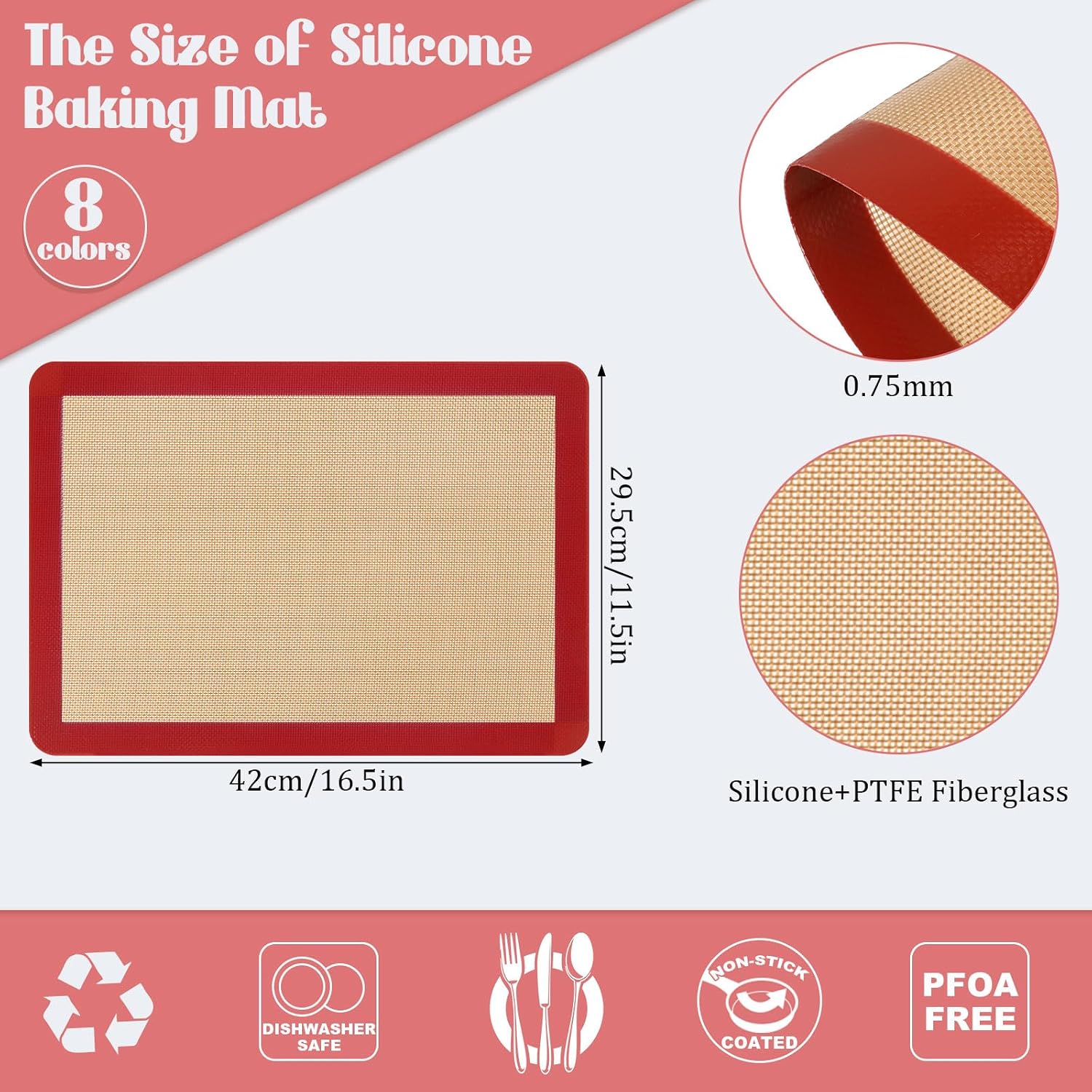 Nuanchu 8 Pcs Silicone Baking Mat Non-stick Baking Half Sheet, Red