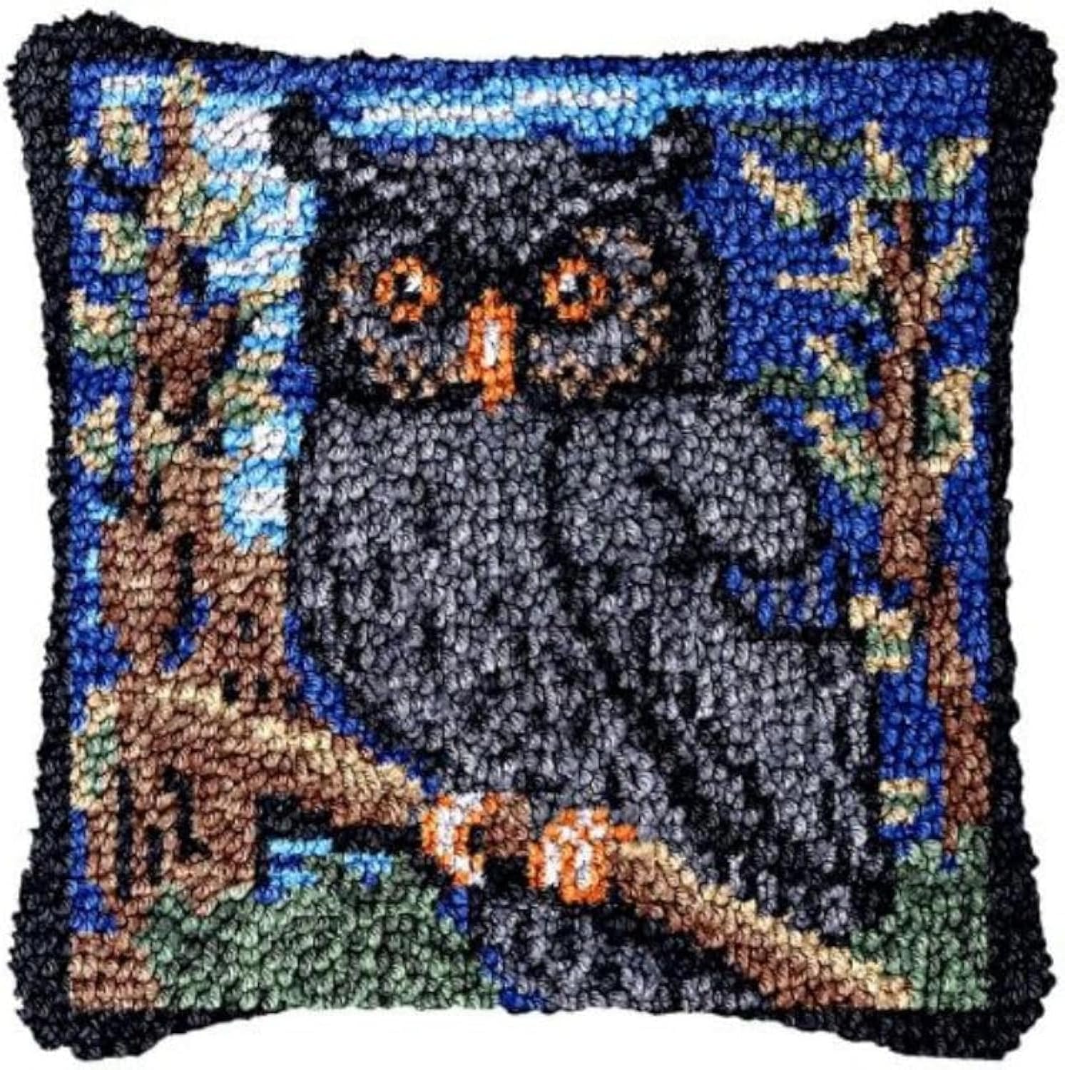 Latch Hook Kits Pillow Cover for Beginner Black owl Color Printed Canvas Yarn Crocheting Carpet Cushion Embroidery Hook and Latch Pillowcase Sofa Decoration 43x43cm E2