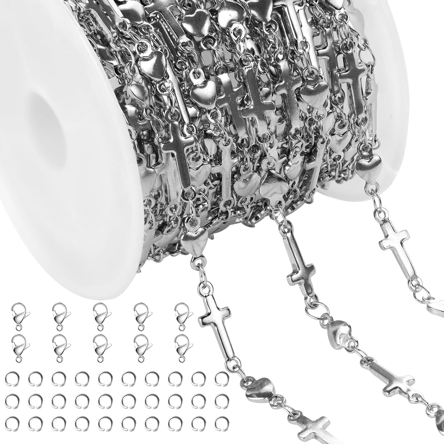 Jabogrii 4 Meters Cross Heart Chain Bulk Stainless Steel Chain for Jewelry Making Silver DIY Craft Jewelry Making Supplies