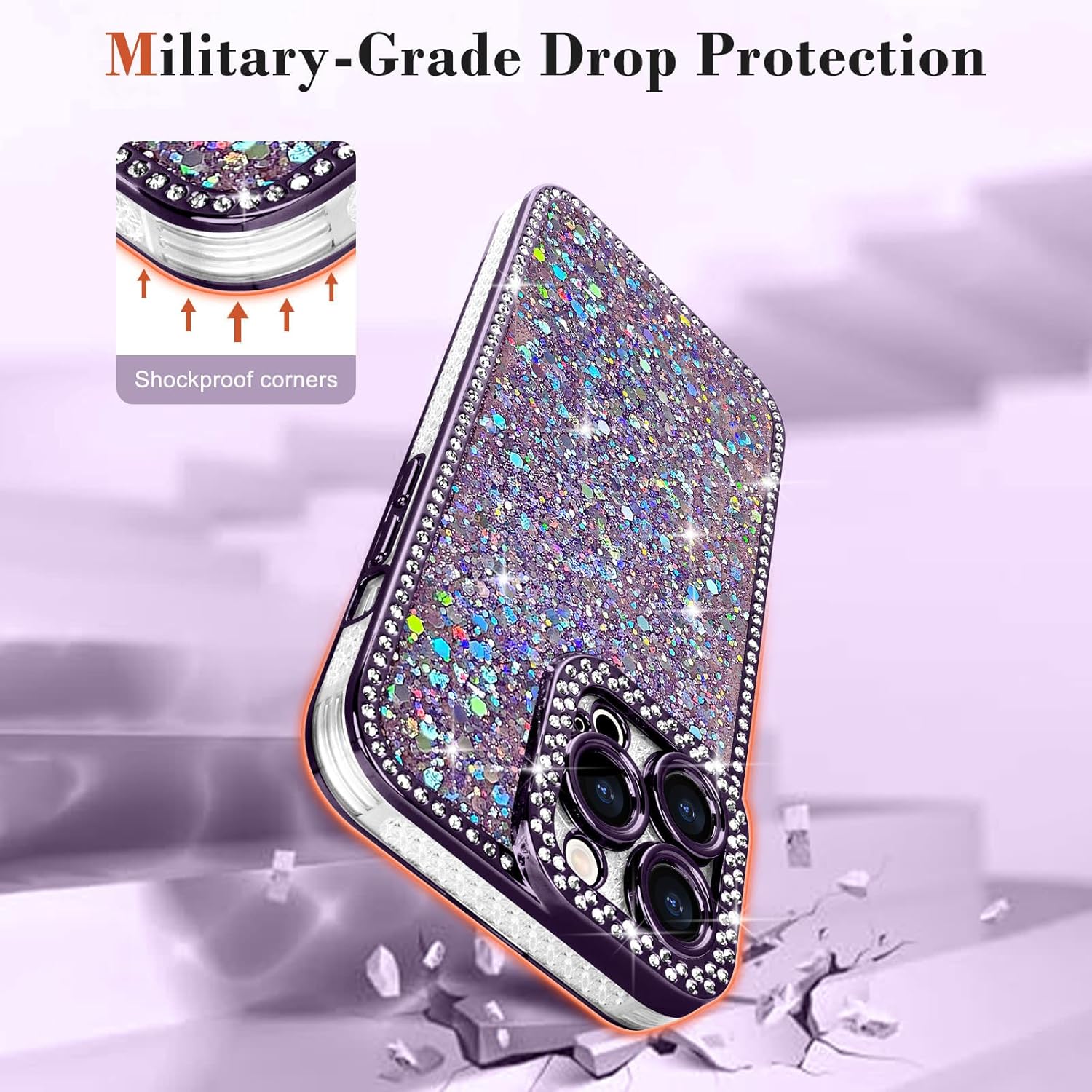Lafunda for iPhone 14 Pro Max Case Glitter, Luxury Shiny Bling Sparkly Bumper Cover with Crystal Diamonds for Women Girls Soft Slim Shockproof Protective Phone Case for iPhone 14 Pro Max 6.7", Purple - Image 3