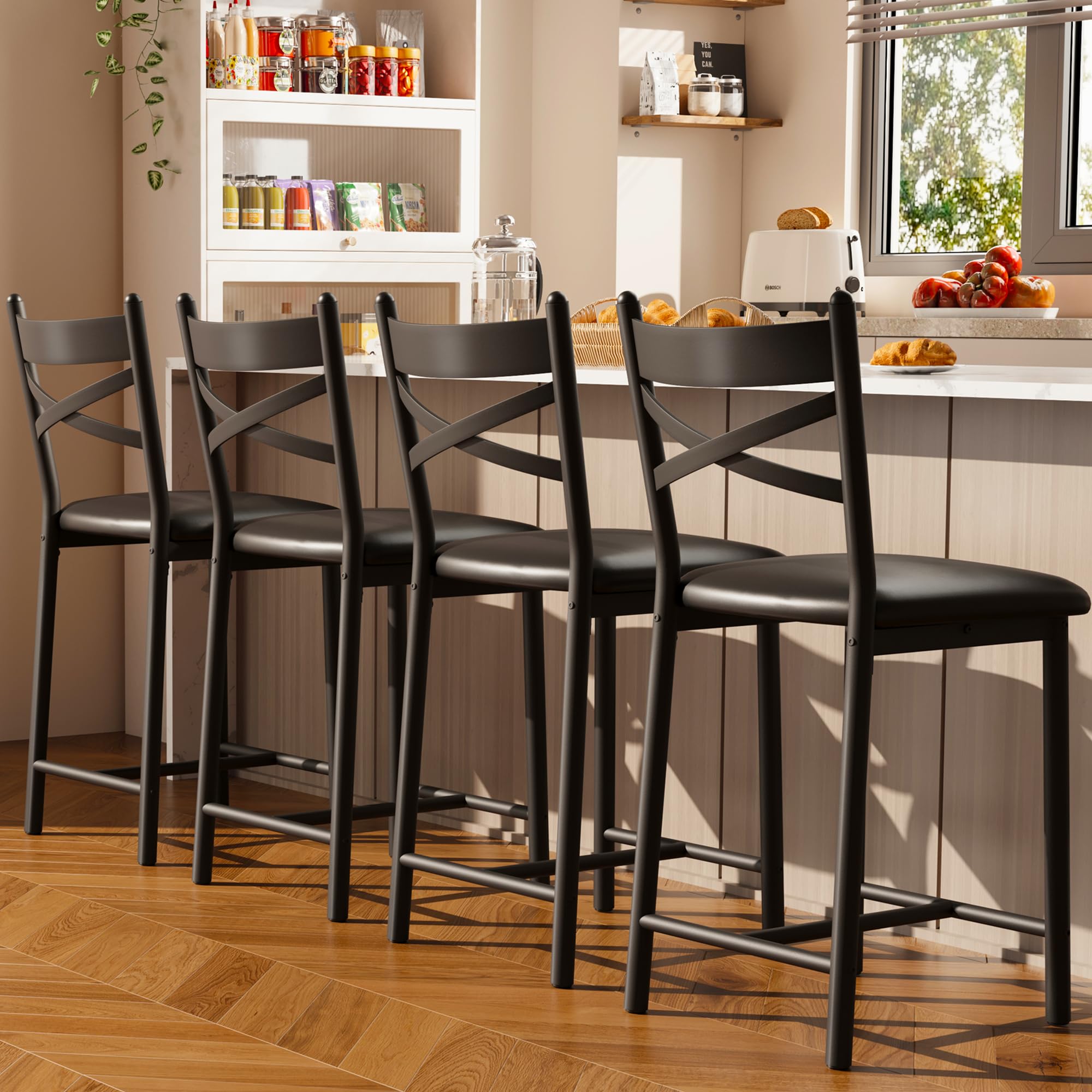 26" Bar Stools Set of 4, Counter Height Bar Stools with PU Upholstered Seat, Metal Frame Kitchen Bar Chairs with X-Design Back and Footrest for