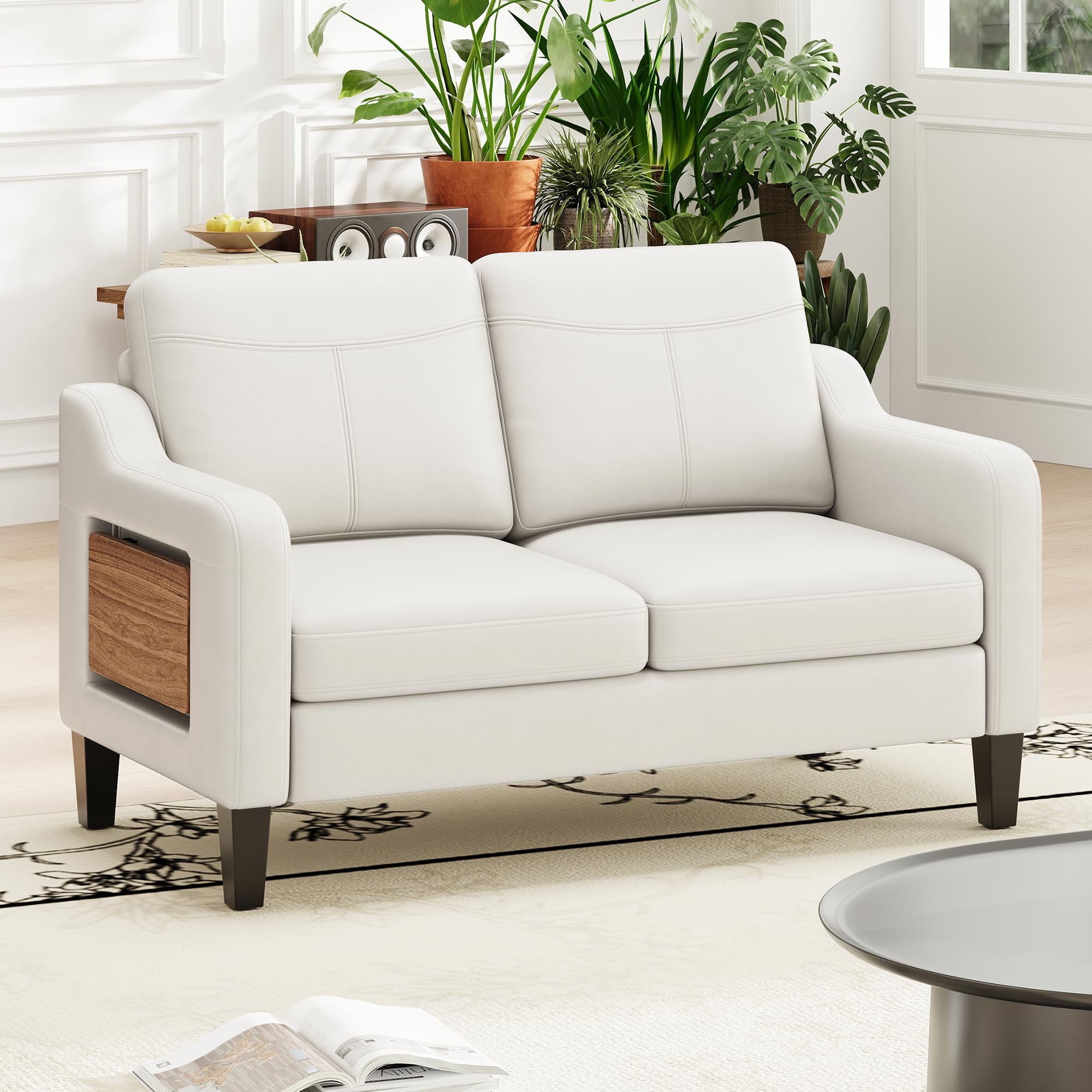 MALOL 51 inch beige PU leather loveseat with foldable side table