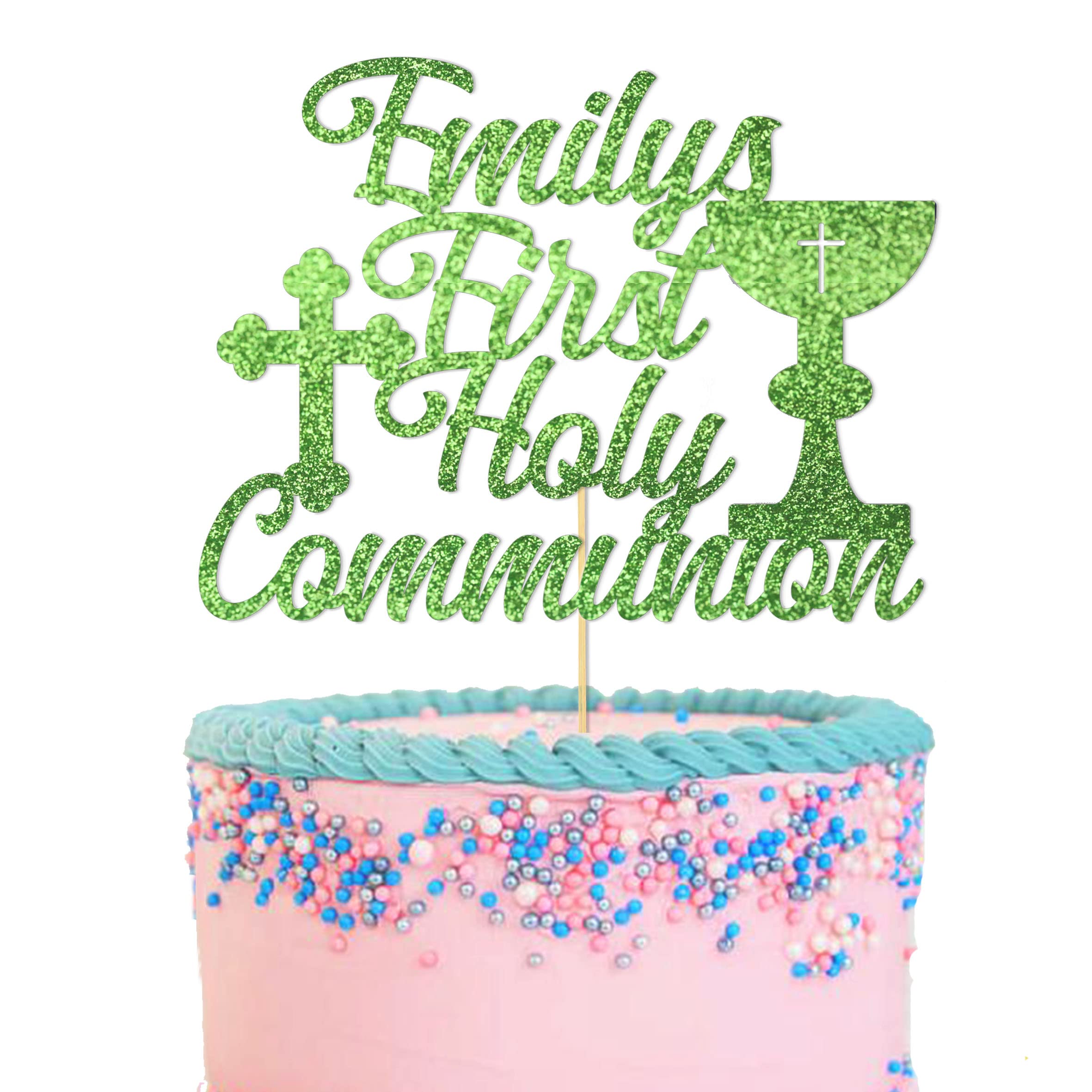 GuteGifts Personalised First Holy Communion Cake Topper - Grail Cross Christening Baptism Confirmation 1st Communion Party Decor Multicolour Glitter Hand Finished in UK (Green)