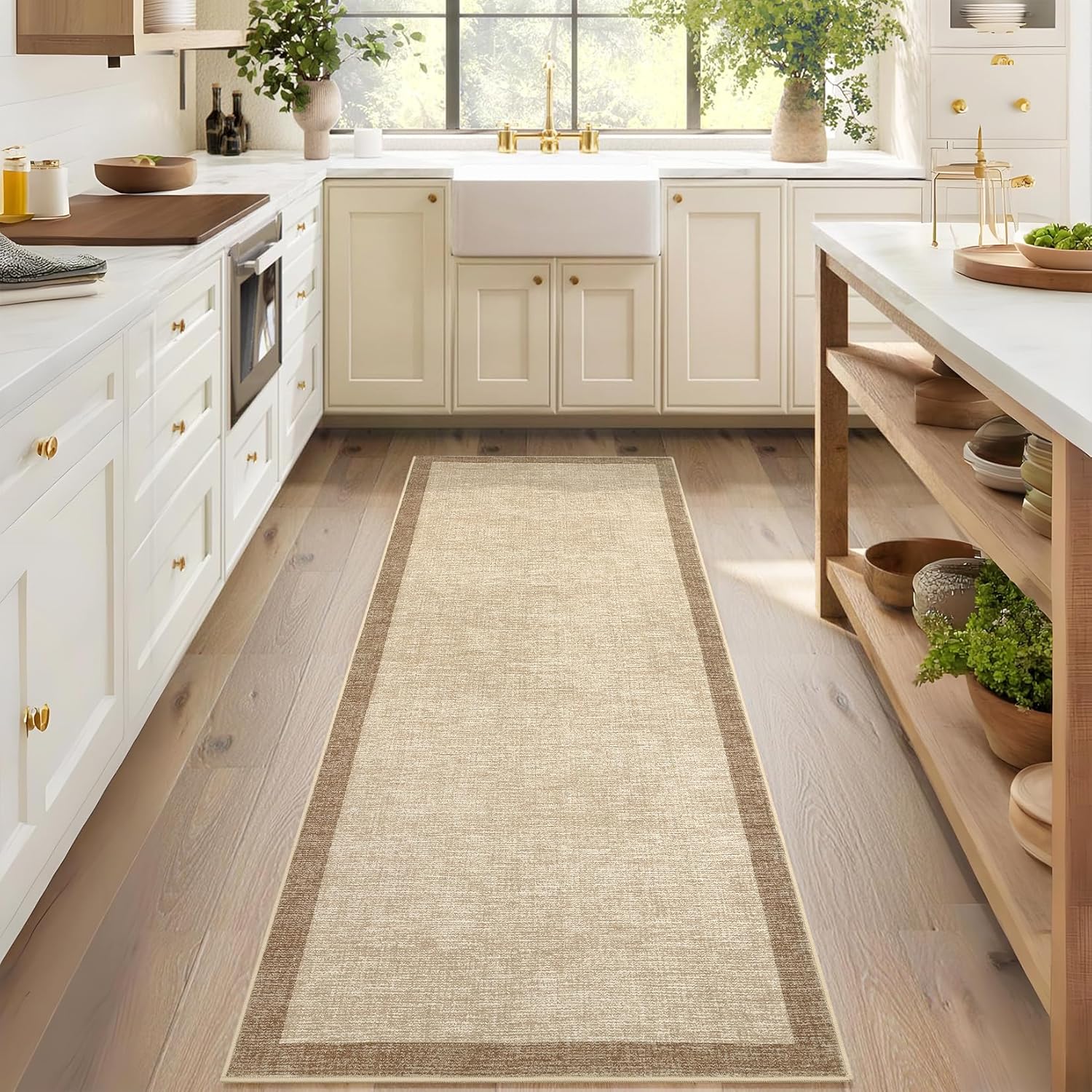 GarveeHome Washable Runner Rug 2x6, Geometric Non Slip Hallway Runner Rug for Entryway Kitchen Bedroom, Modern Bordered Low Pile Stain Resistant Throw Carpet for Laundry Bathroom, Taupe