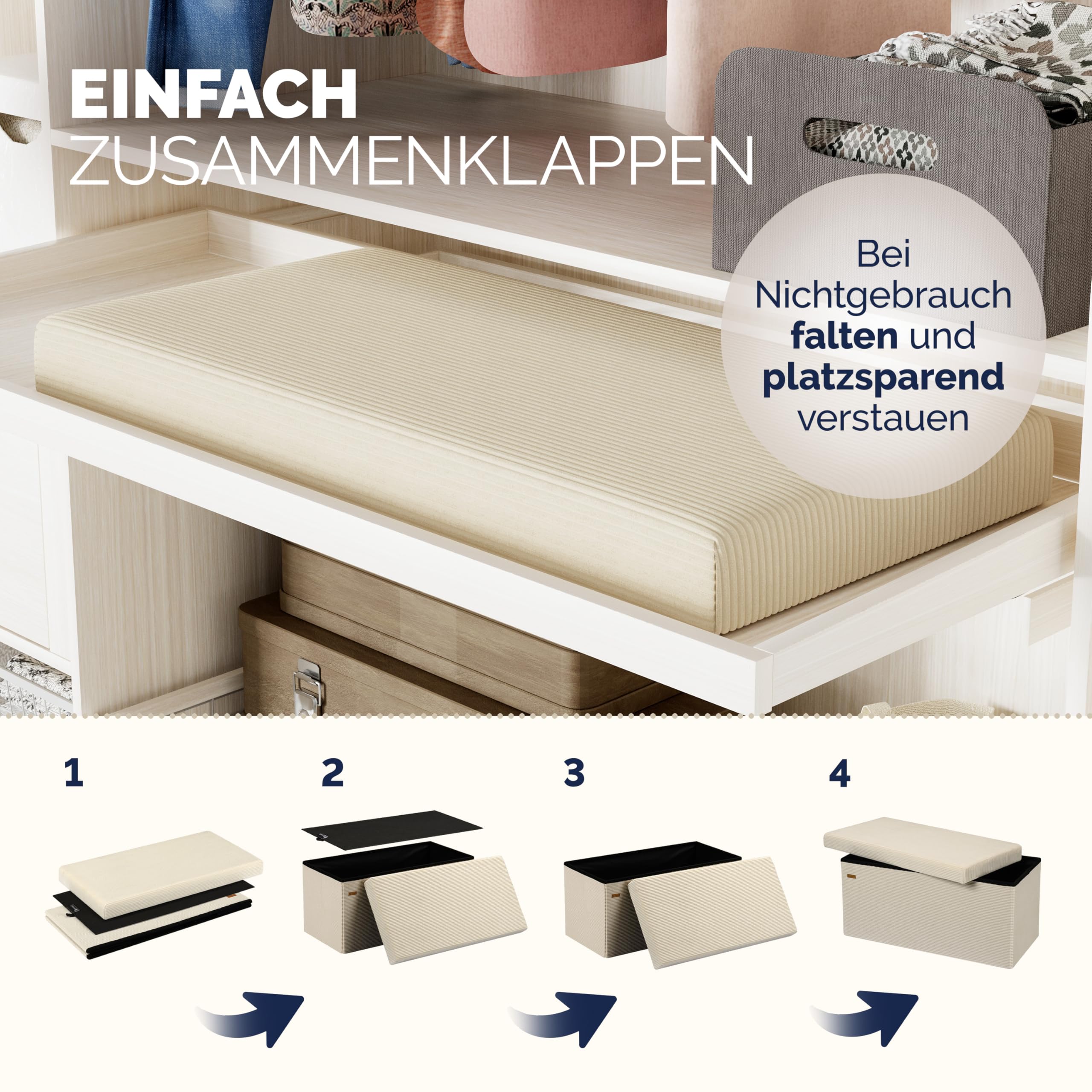 Casaria® Sitzbank mit Stauraum Beige Cord Faltbar Sitzbank 300kg Belastbar 76x38cm Truhe für Wohnzimmer Schlafzimmer Flur Diele Truhenbank Bank