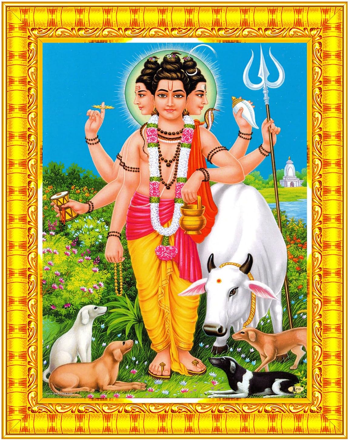 Lord Dattatreya Swamy Gurudatta Dattaguru Wall Painting Framed Home Decor (Wood,Matte,Gold,Small Size,6 x 8 Inch) R841S