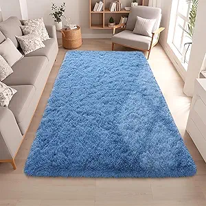 Blue Fluffy Rugs for Living Room 5x7 ft - Ultra Soft Faux Fur Area Rug - Plush Non-Slip Shaggy Carpet for Bedroom, Kids Boys Girls Dorm Nursery Room