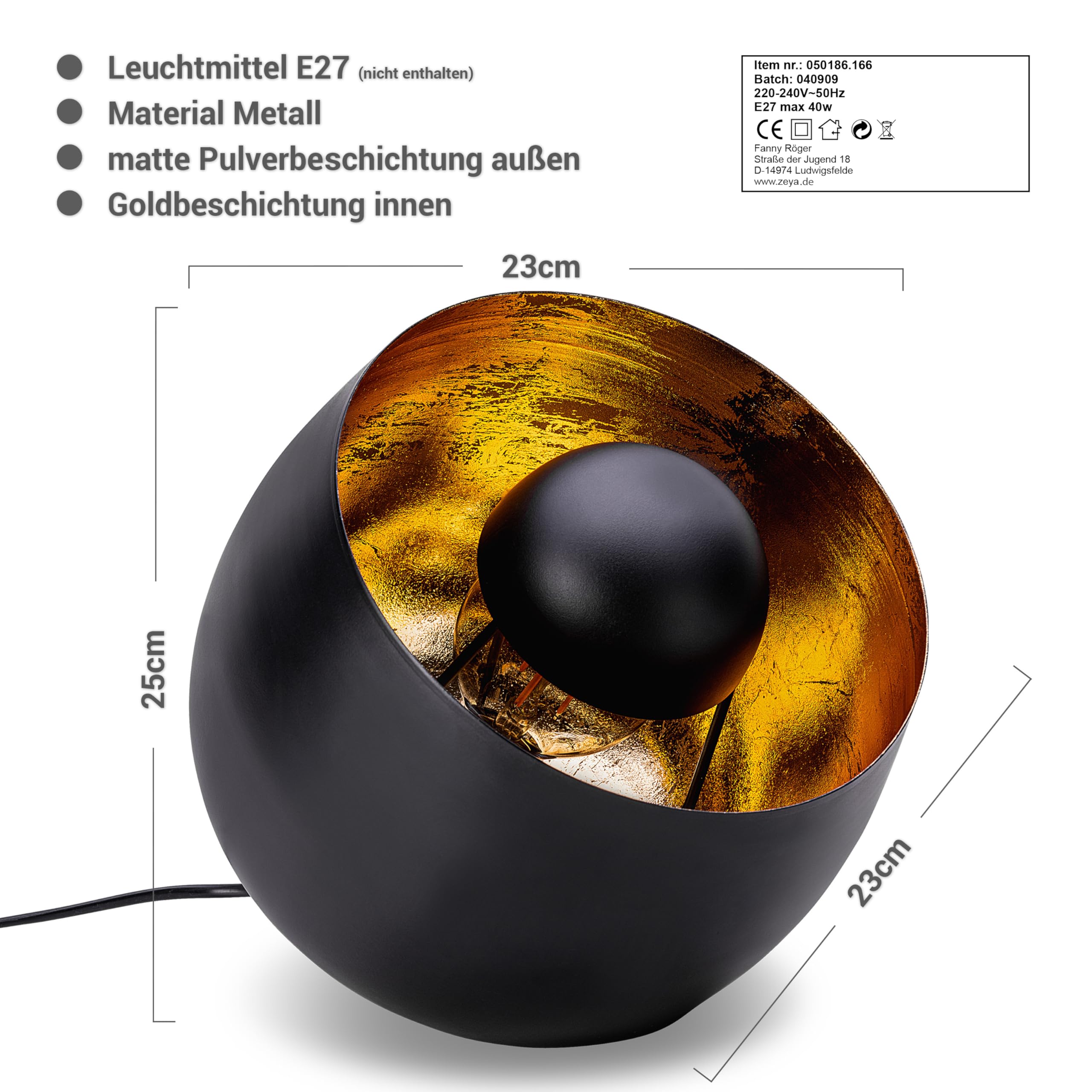 ZEYA Tischleuchte schwarz gold Metall, Ø 23, rustikale Standleuchte Tisch, runde Dekoleuchte schwarz, industrial & retro Style, E27 Fassung max 40 Watt, Wohnaccessoire & Geschenk für neues Zuhause