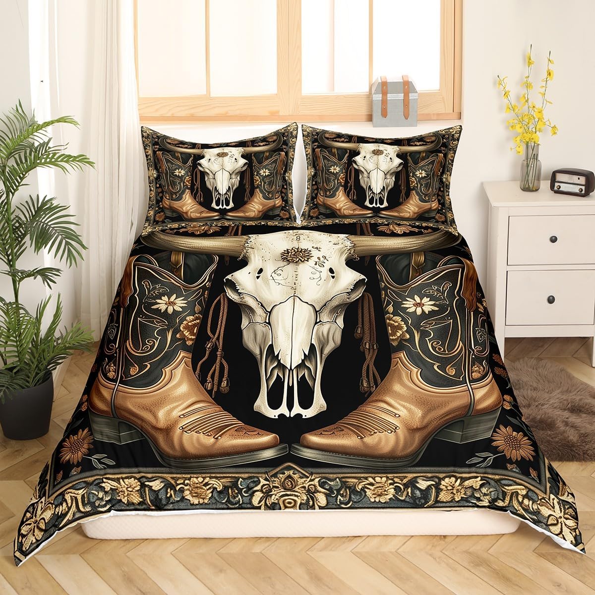 Tribal Cowboy Boots Queen Size Duvet Cover,Retro Bull Skull Western Animal Duvet Cover for Adults Teens,Ethnic Bohemian Mandala Floral Bedding Set(No Comforter),Vintage Brown,3Pcs