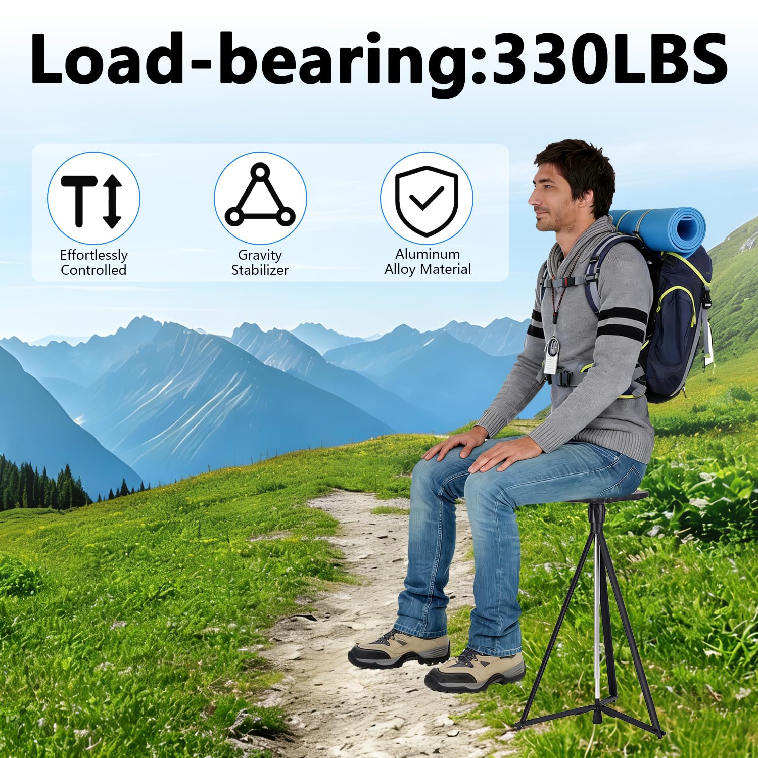 Bastón ajustable en altura con asiento, bastón portátil de aluminio plegable con bolsa de almacenamiento, alfombrilla triangular y alfombrilla de una sola pata, adecuado para adultos y personas