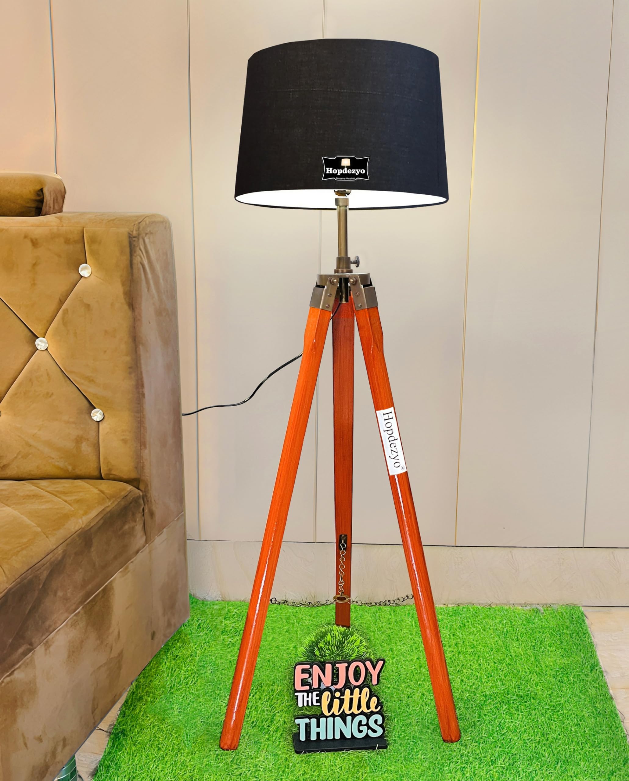 Italian Wooden Tripod LED Floor Lamp for Living Room & Home Decoration with Black Drum Shade (Pack of 1)