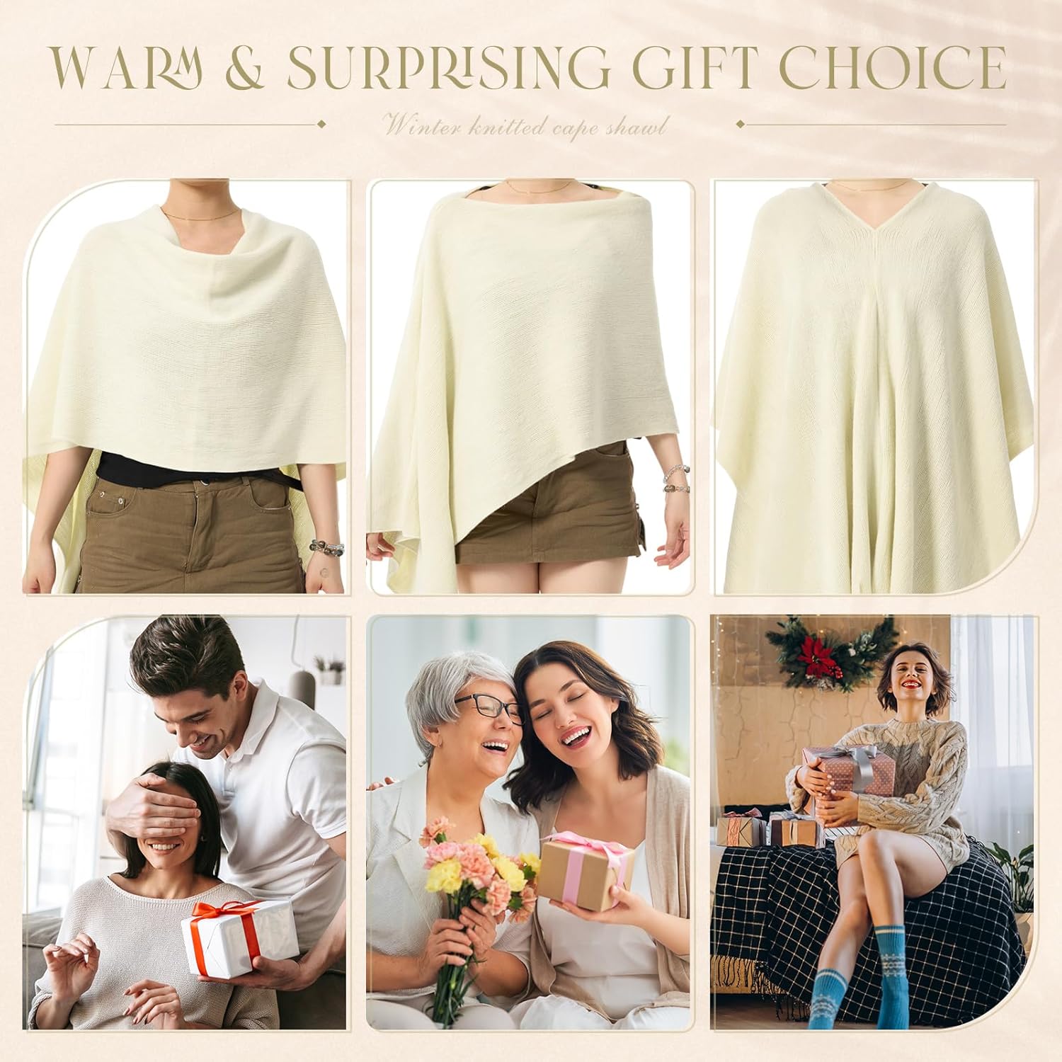 Hercicy Women Ponchos Sweater Solid Knit Versatile Lightweight Shawl Wrap Scarf Cape Poncho Accessories for Women - Image 6