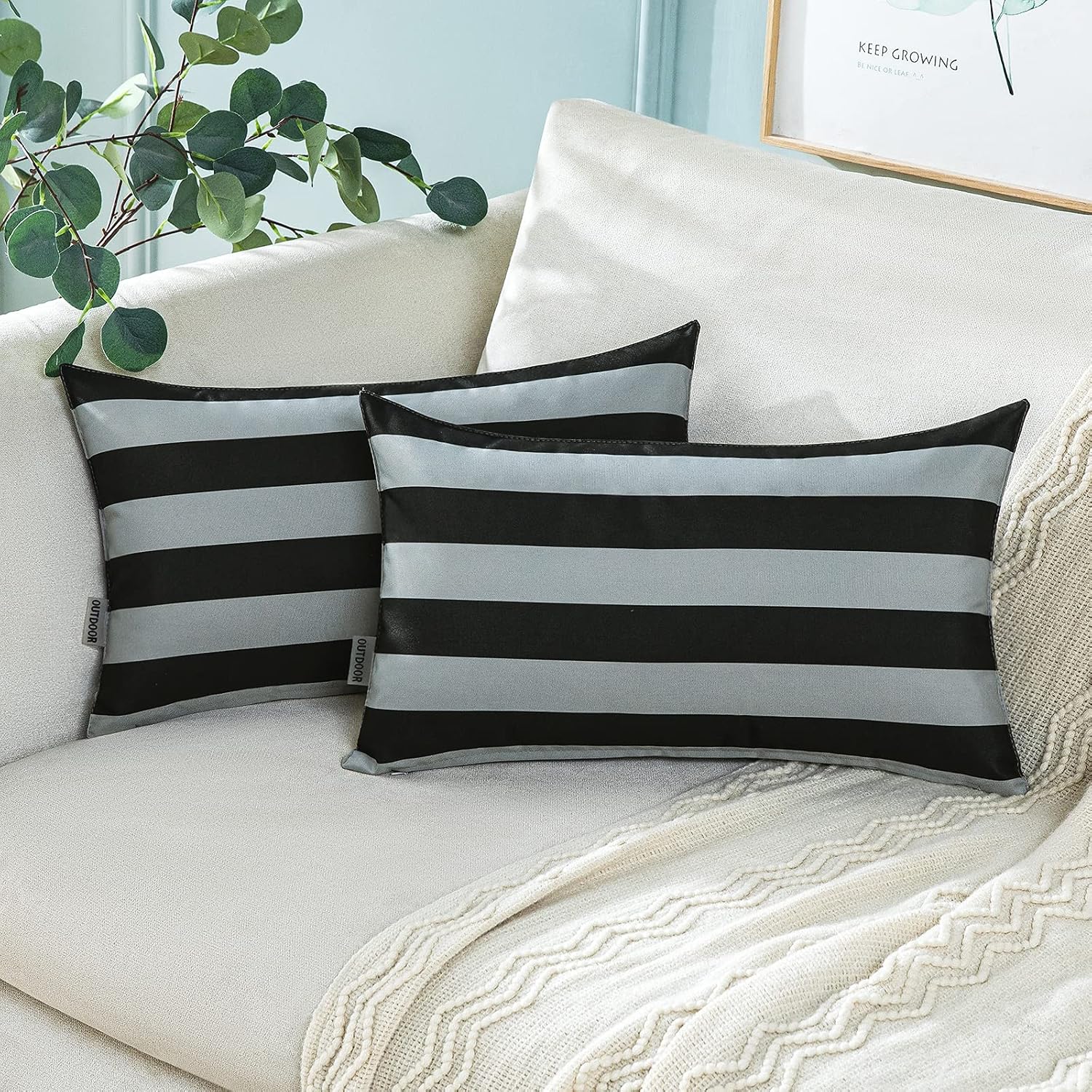 MIULEE Pack of 2 Outdoor Pillow Covers Decorative Waterproof Throw Pillow Cases Mordern Striped Cushion Cases for Patio Spring Summer Couch Bench Garden 12x20 Inch Grey