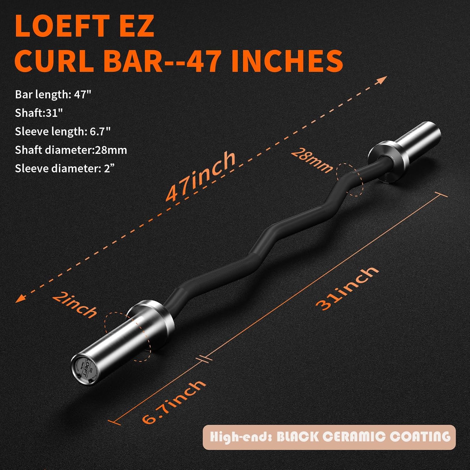 LOEFT EZカールバー 47インチ/4フィート オリンピックバーベル 75K PSI 耐荷重300ポンド 硬質 Olympic EZ Curl バーベルバー、47インチカールバー、ウェイトリフティング用、クロムカーリングバー 2インチのウェイト