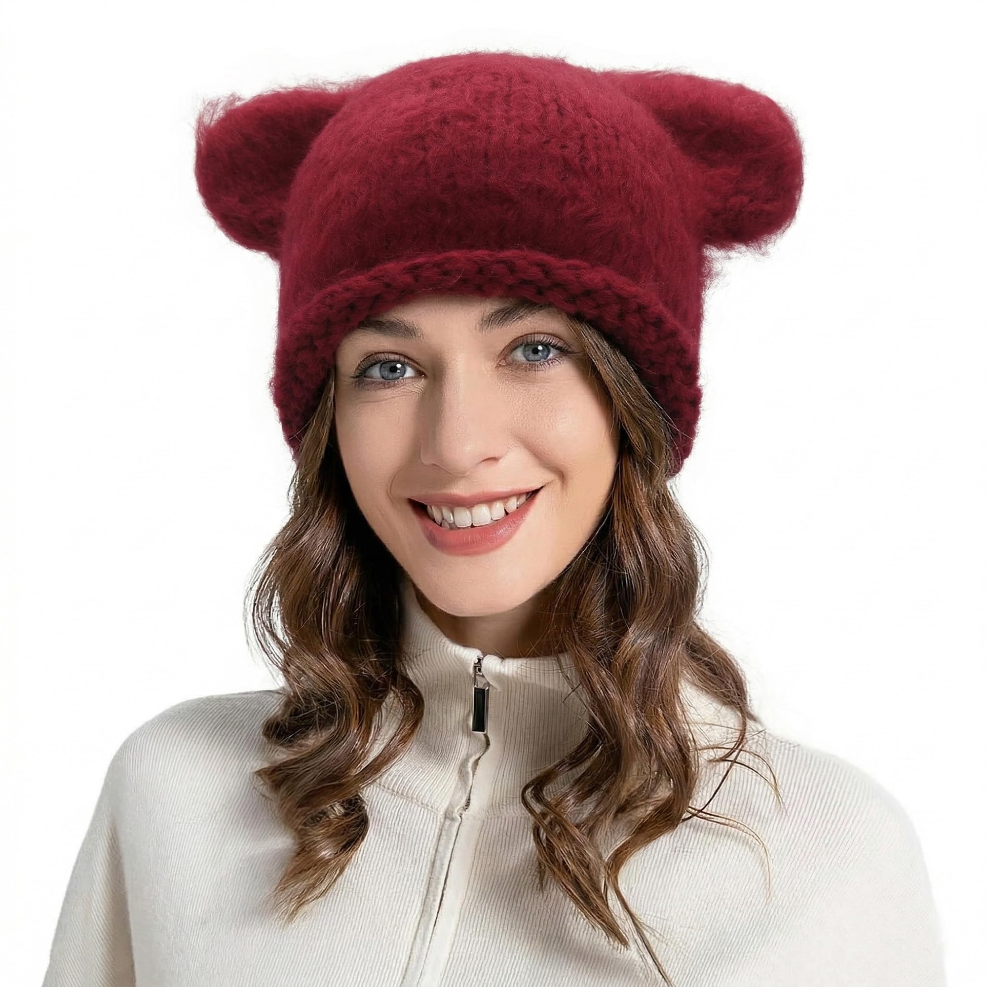 ZLYC Women Crochet Hat Knit Cat Ear Slouchy Beanie Cute Vintage Grunge Fuzzy Hat(Bear Ear Burgundy),One Size