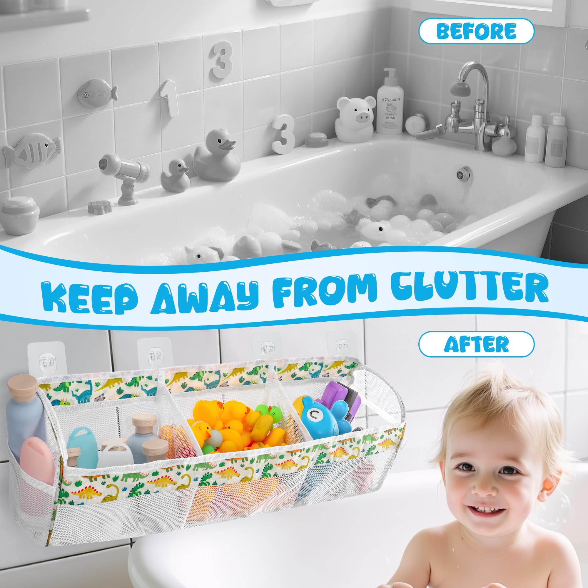 Organizador de almacenamiento de juguetes de baño de dinosaurios, soporte de juguetes de baño de 3 compartimentos para tinas con grandes aberturas, gran capacidad y malla de secado rápido, 4 5