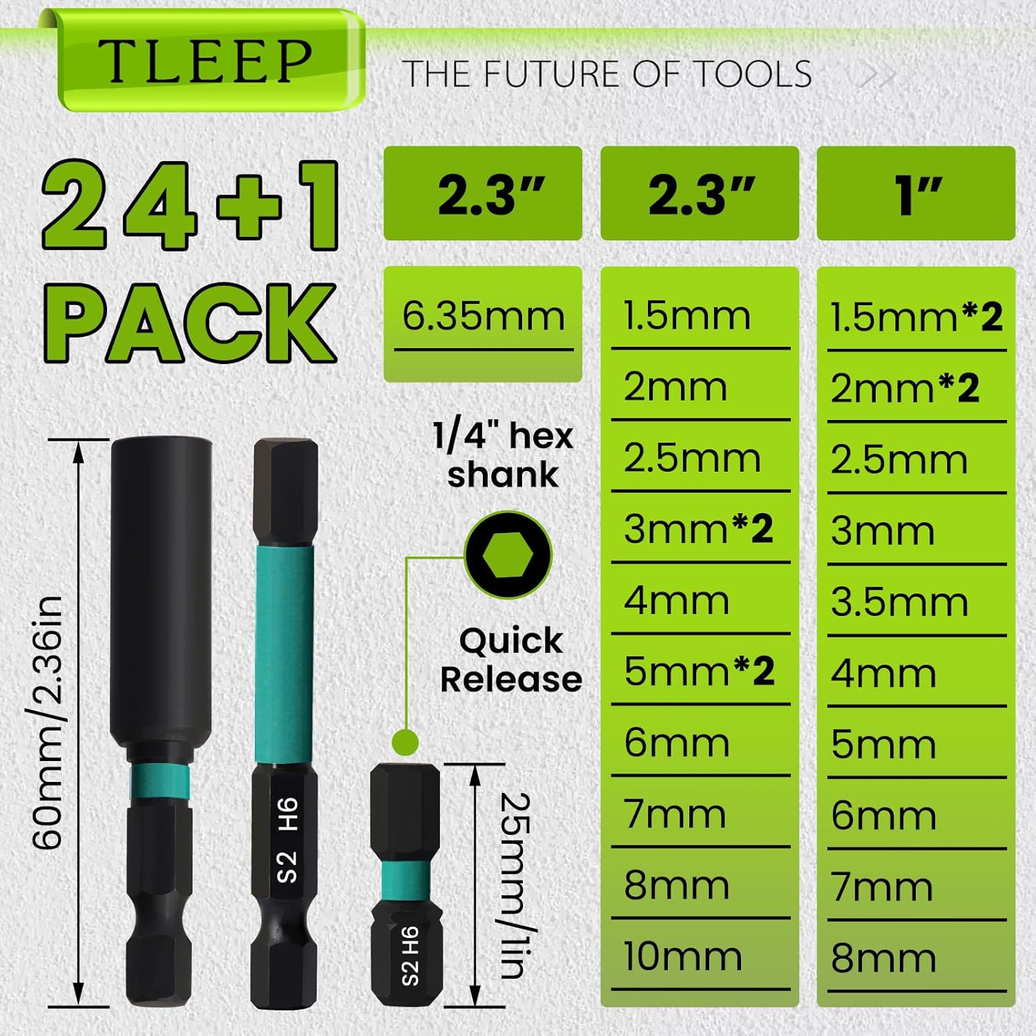 26Pcs Impact Drill Allen Key Set 25mm+60mm Long with Ratchet Screwdriver, H1.5-H10 Allen Wrench Drill Bit Set 1/4" Hex-Shank S2 Steel Metric Hex Key Driver Bits for IKEA Furniture, Narrow Space