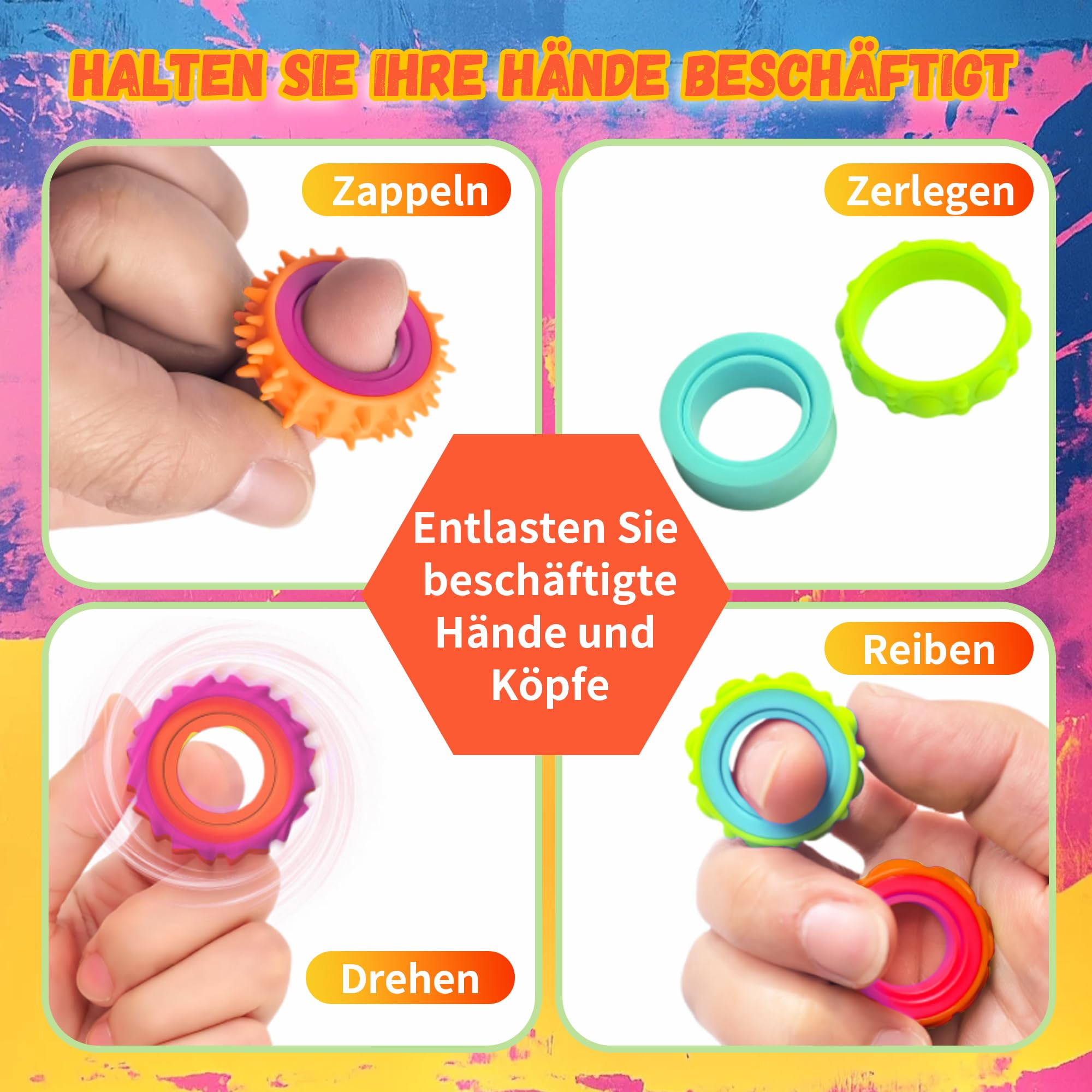 Zestaw 12 zabawek Fidget Ring dla dzieci i dorosłych, silikonowe pierścienie antystresowe, Fidget Spinner do pomocy przy ADHD, do akupresury, zabawki autystyczne, pierścienie do masażu palców