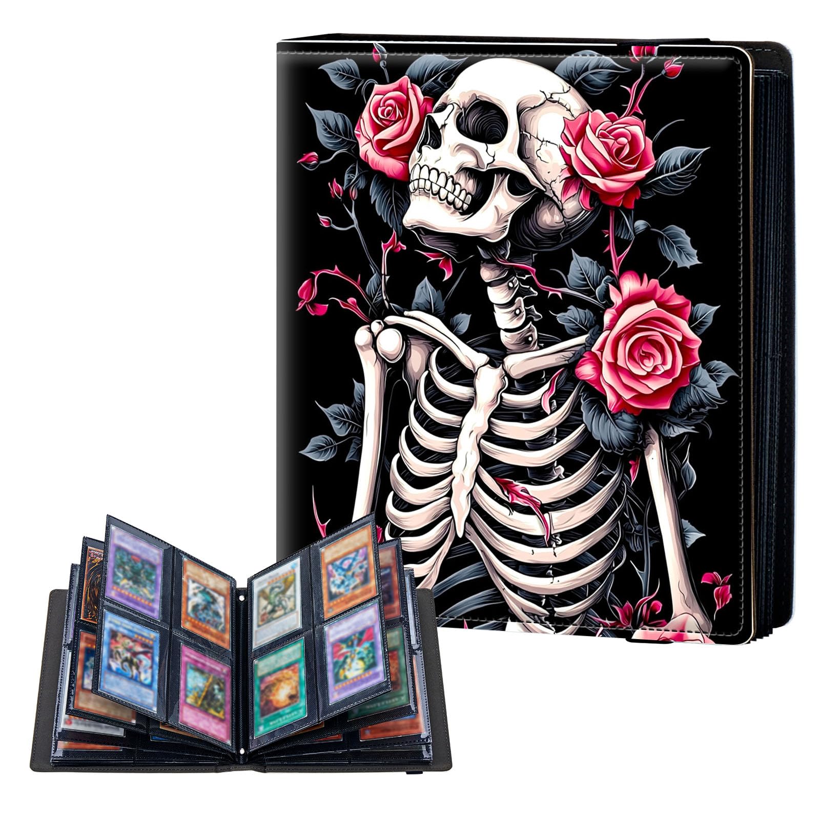 ETLKJVBL 4 Pocket Trading Card Binder, Card Collection Binder for TCG, MTG, Sports Cards, Baseball, Skeleton with Roses Trading Card Book Holder for Collectors, Top Loader Binder