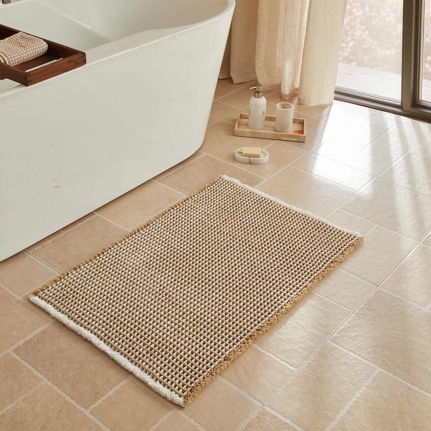 Triohero Waffle Bath Mat, Boho Bathroom Rugs Non Slip Washable, Ultra Soft Super Absorbent Quick Dry Farmhouse Bathroom Decor, 24" x 36", Khaki &