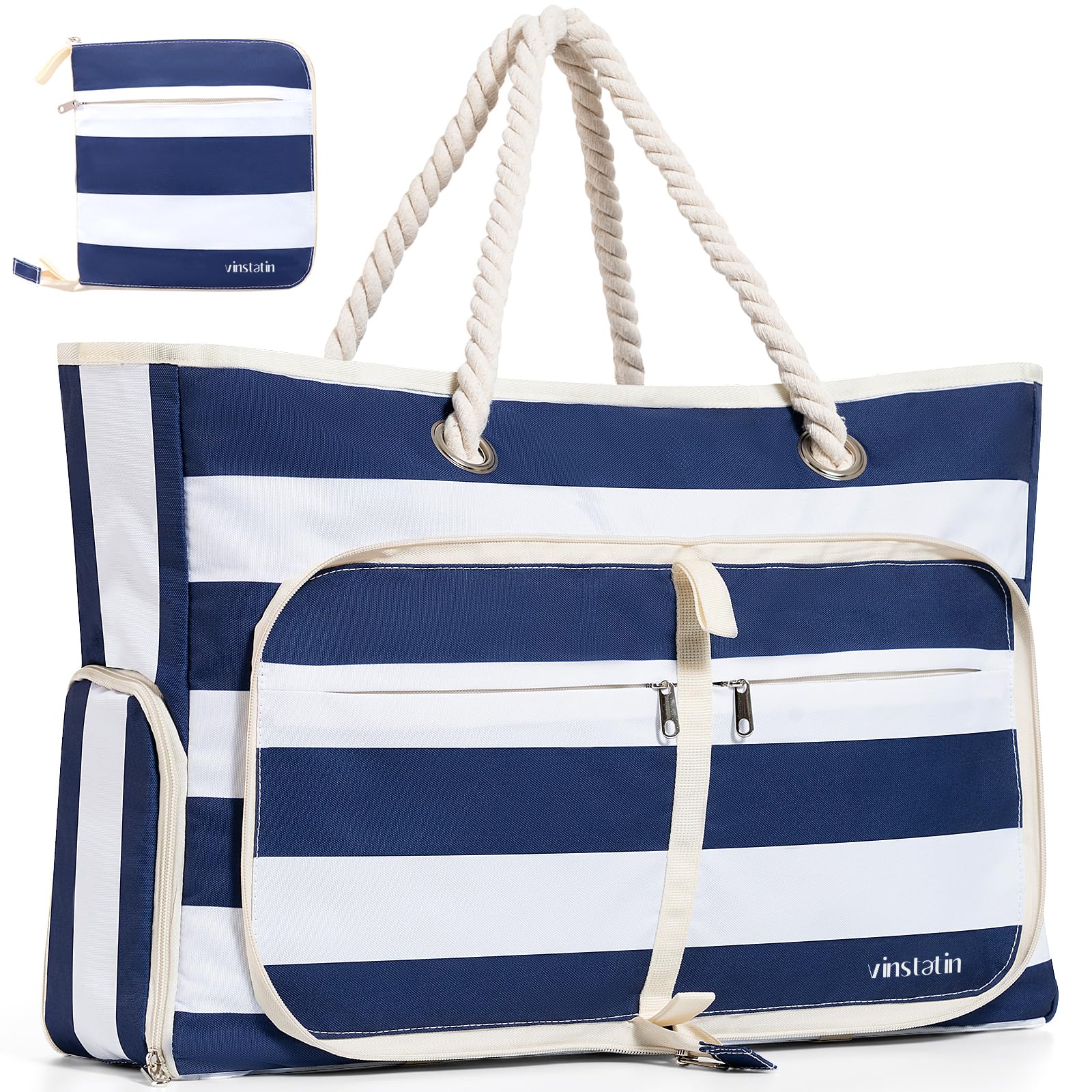 Vinstatin Bolso de Playa Grande para Mujer,Shopper Ligero y Versátil con Cremallera,Bolsa Impermeable para Natación,Bolso de Transporte,Tote Bag para Playa,Viajes y Familia
