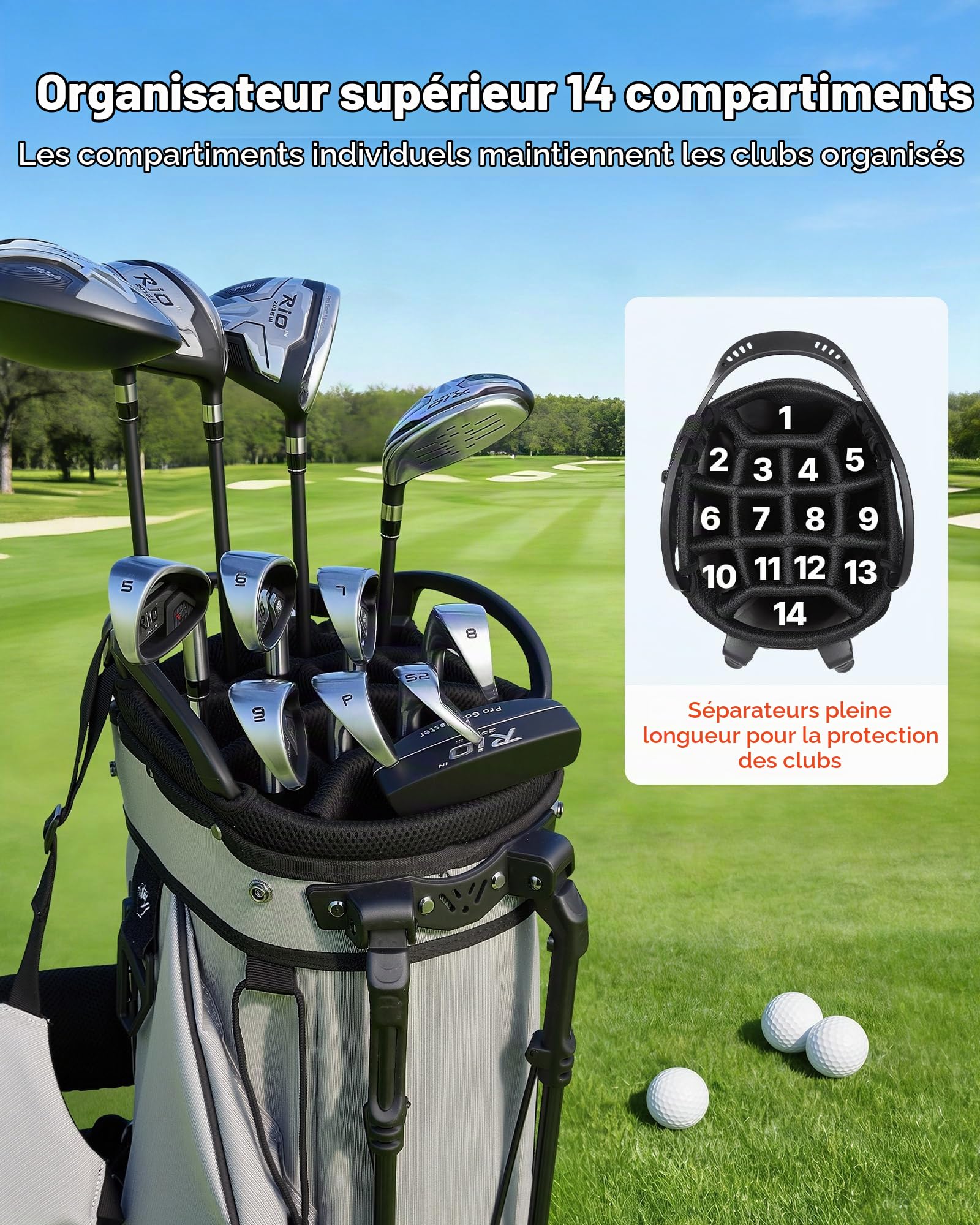 VEVOR Sac de Golf pour Chariot Voiturette, Sac de Clubs de Golf Trépied 14 Compartiments Supérieurs, pour Golfette Golfeurs, en Polyester Léger, avec Séparateur Pleine Longueur, Double Bandoulière
