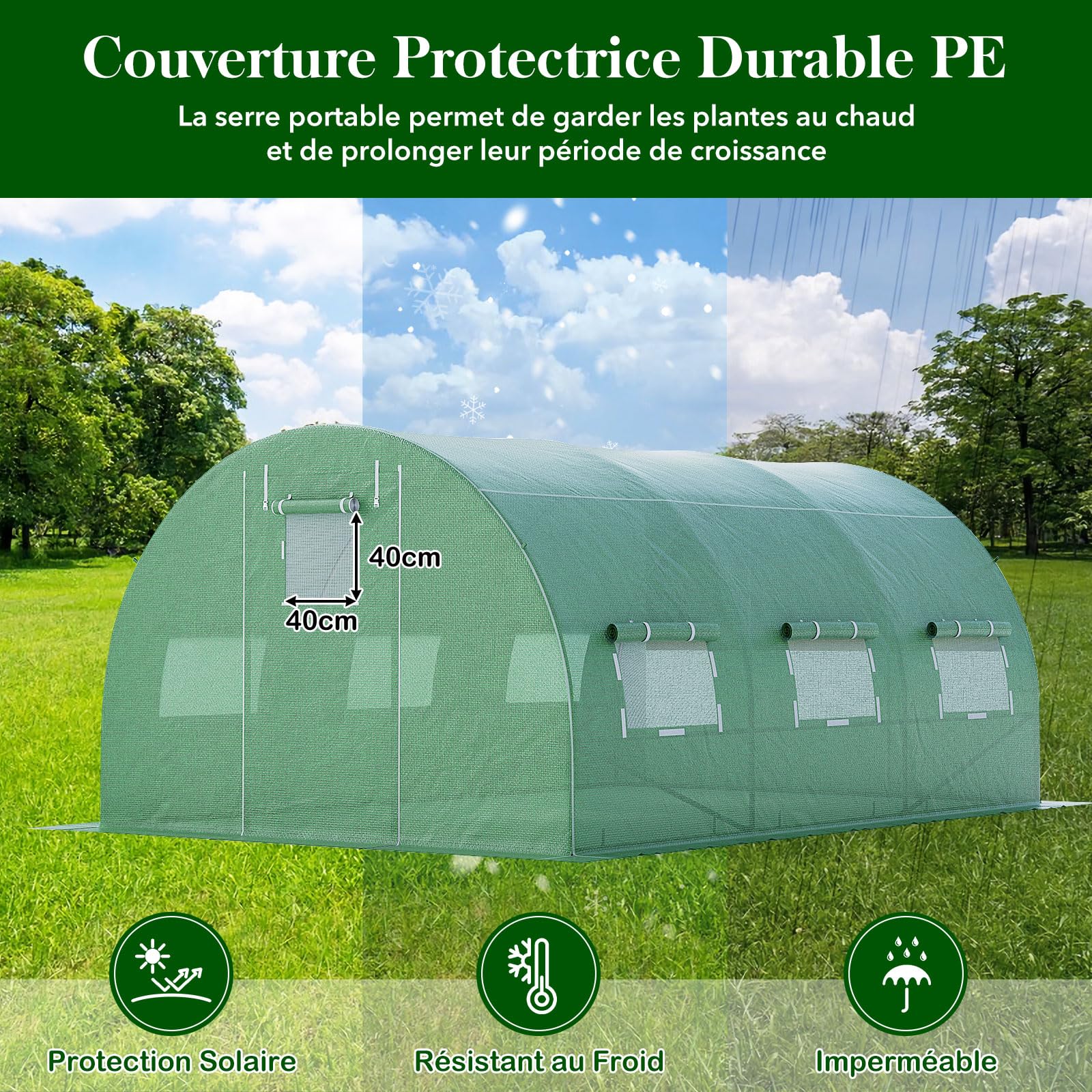 GOPLUS Invernadero de Jardín (4 x 3 x 2 m), Acero Galvanizado con 8 Ventanas Laterales y 2 Puertas, Jardín Bajo Invernadero para Granja, Patio Trasero y Jardín