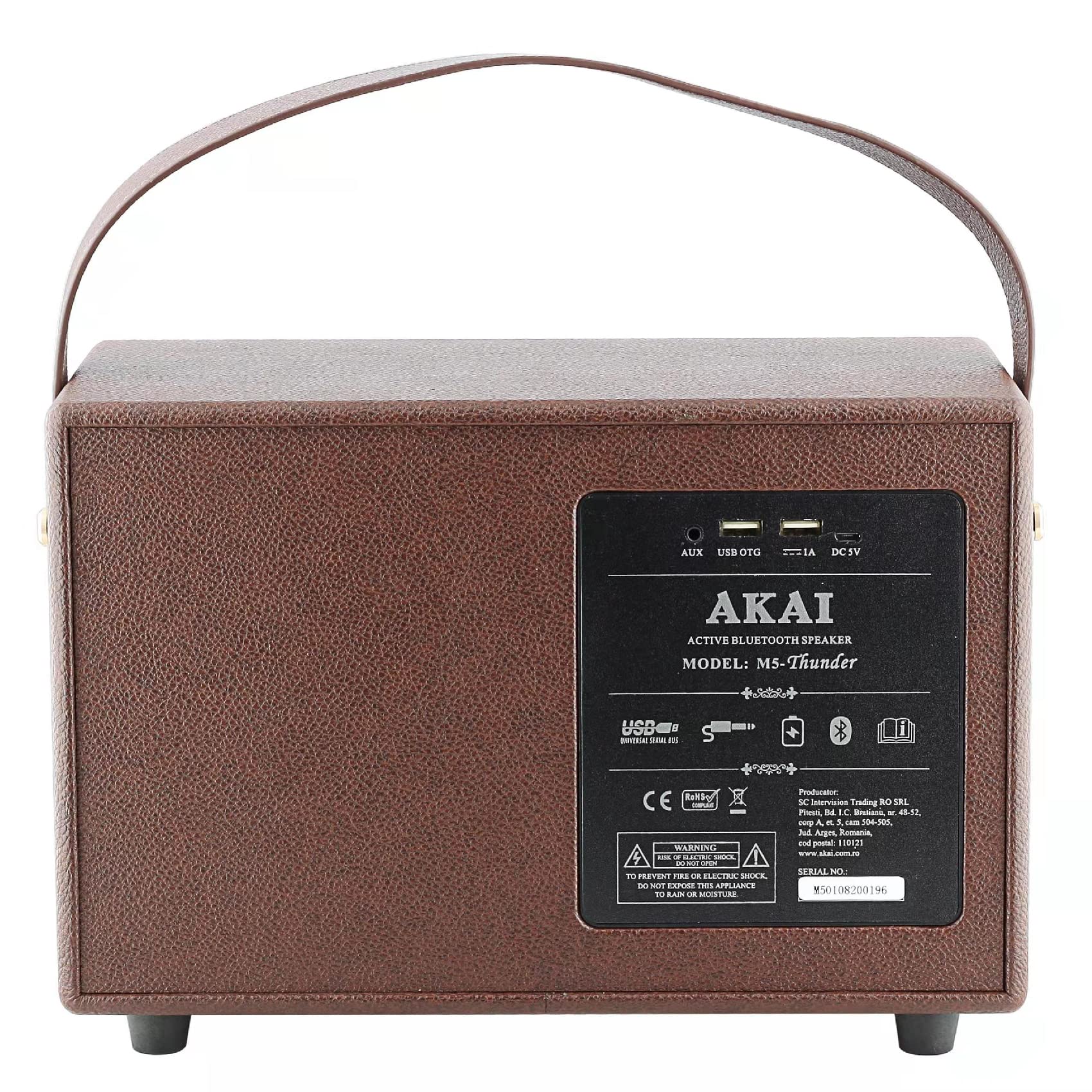 Akai Enceinte Bluetooth rétro avec poignée - Enceinte Bluetooth 5.0 Portable pour l'intérieur et l'extérieur au Look Vintage - USB - Aux-in - Marron