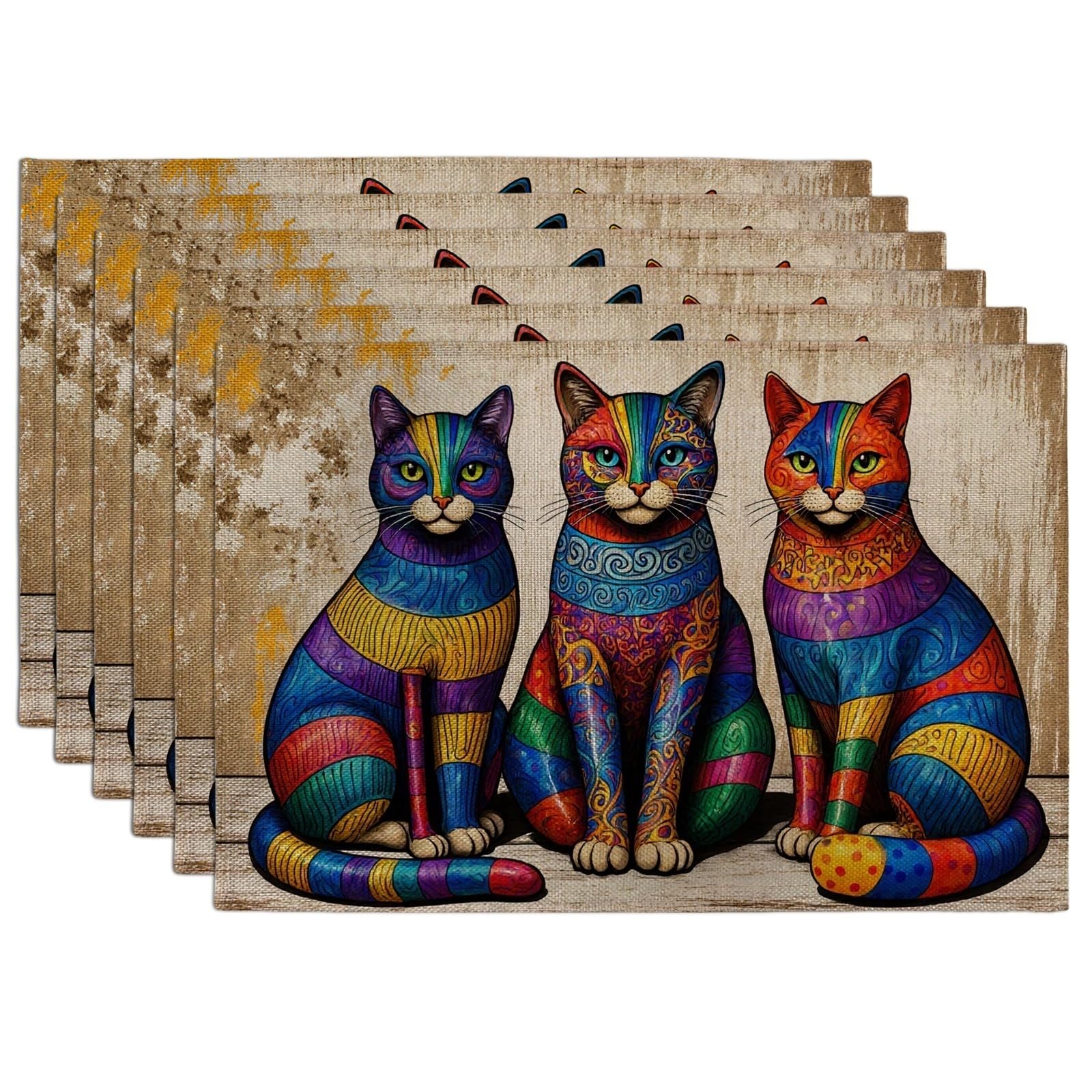 Colorful Cat Placemats, Artistic Animal Place Mats for Dining Table, Fun Decorative Non-Slip Washable Indoor Outdoor Kitchen Party Placemat Set of 6