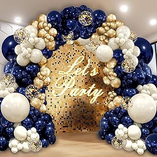Navy Blue Gold Balloon Graland Arch Kit, Double Stuffed Pearl White Royal Blue Chrome