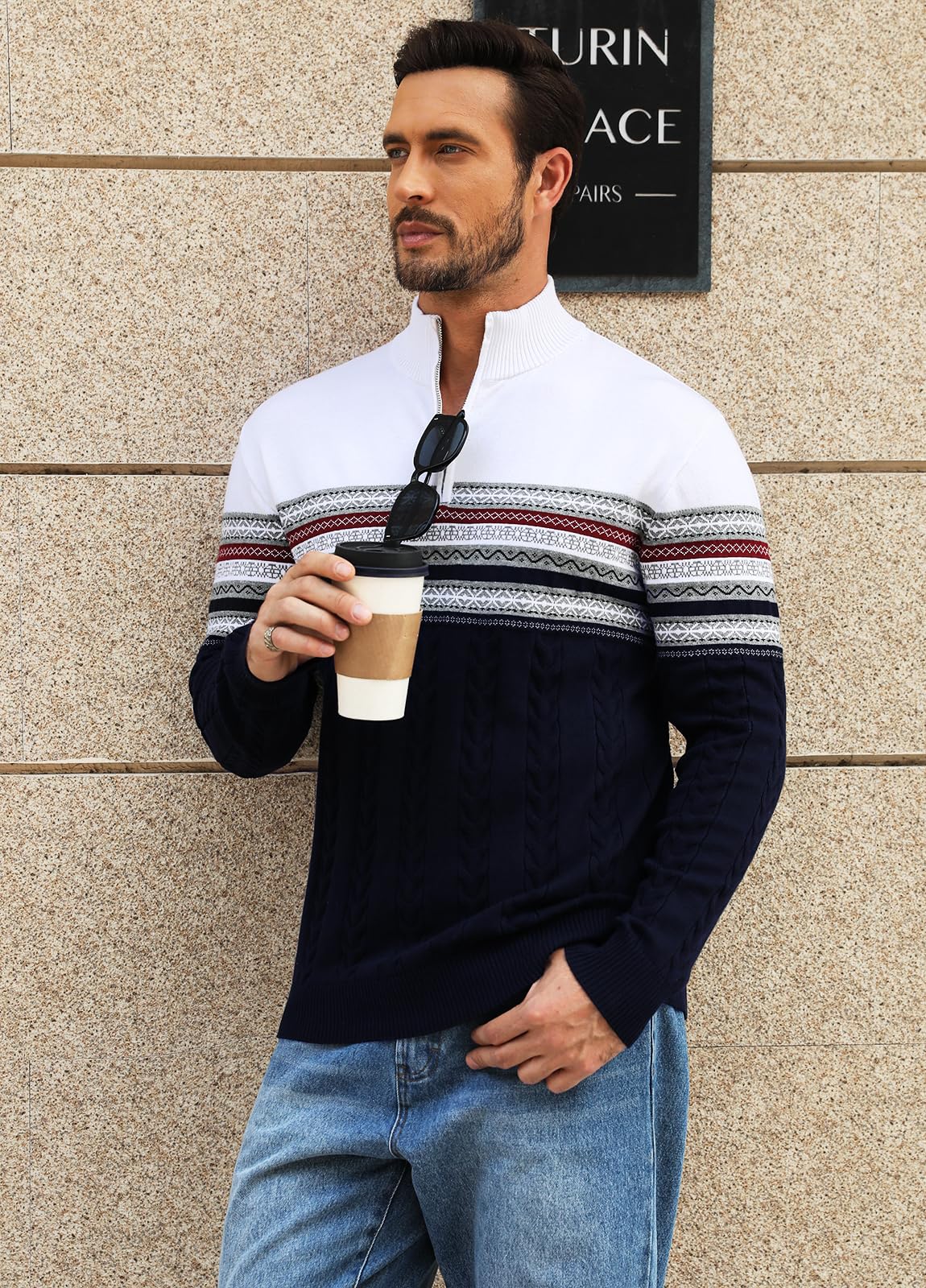Genfien Maglione Uomo a Maglia con Zip 1/4 Natalizi | Collo Alto,Manica Lunga,Invernale,Caldo