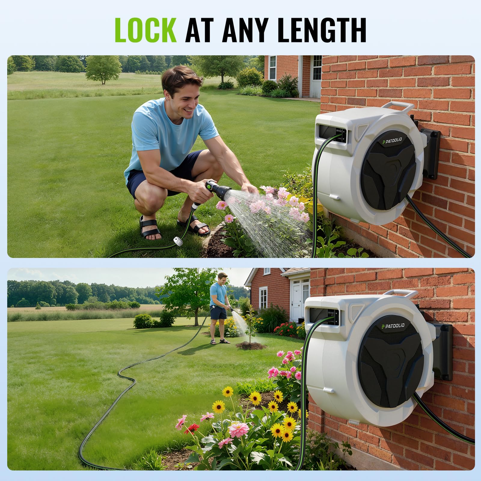 Hose Reel, PATOOLIO Auto Reel 30+2m Wall-Mounted, Retractable Garden Hose Reels, Auto Rewind, Self-Locking System, 180° Pivot Swivelling, 10 Function Spray Gun, Black - 3