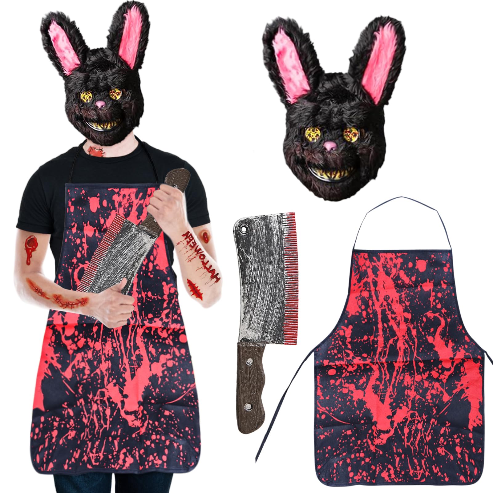WYFDCZZP Halloween MáScara Horror Conejo Set, 4 Piezas Accesorios de Armas de Terror de Halloween, delantal sangriento, Pistola inflable, Pegatinas para disfraz de Halloween, cosplay, mascarada