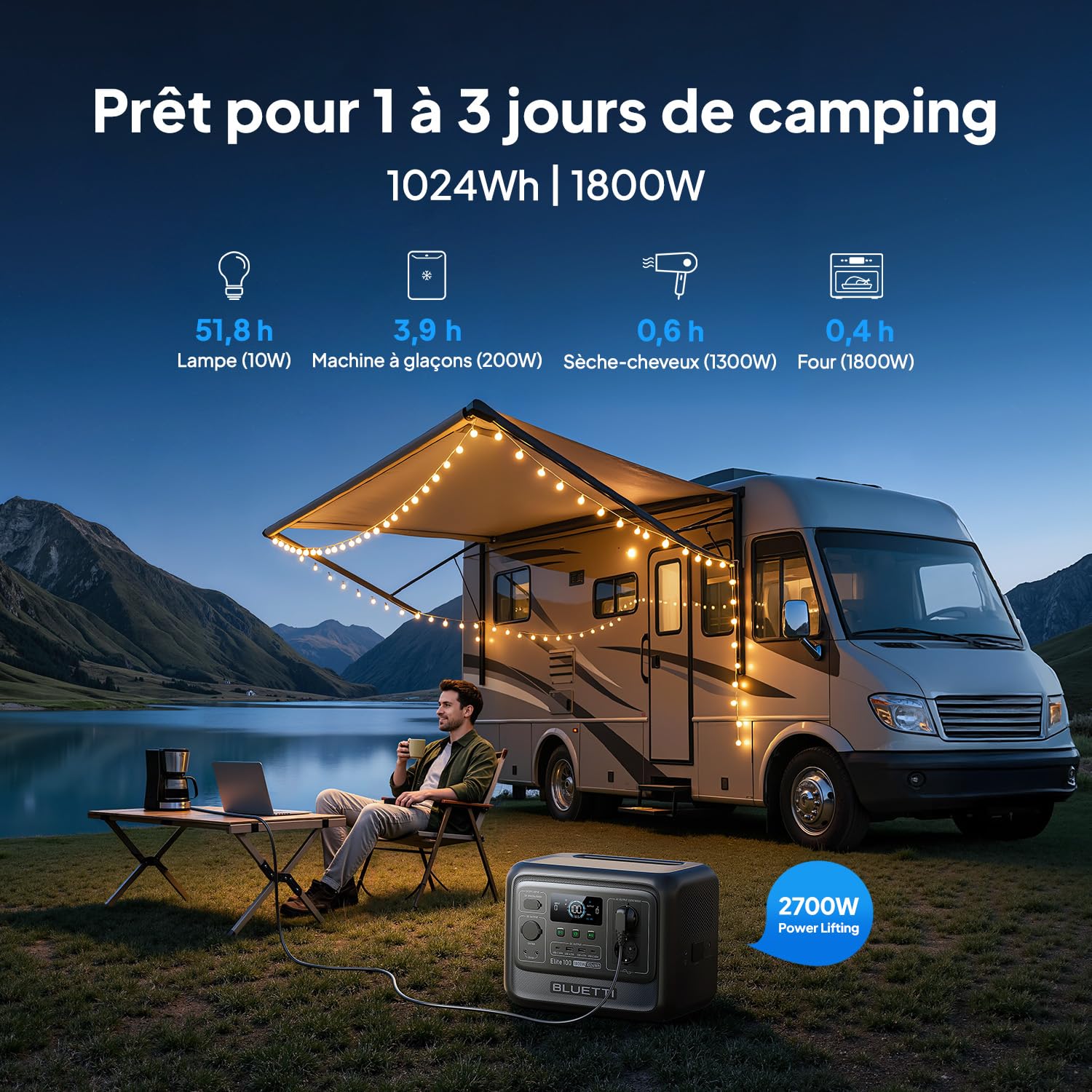 BLUETTI Générateur Électrique Portable Elite 100 V2 Avec Panneau Solaire 100W Inclus Station d'Énergie Portable 1024Wh Avec 4 Prises CA 1800W, 35% Plus Compacte, Idéale Pour Camping, Urgences