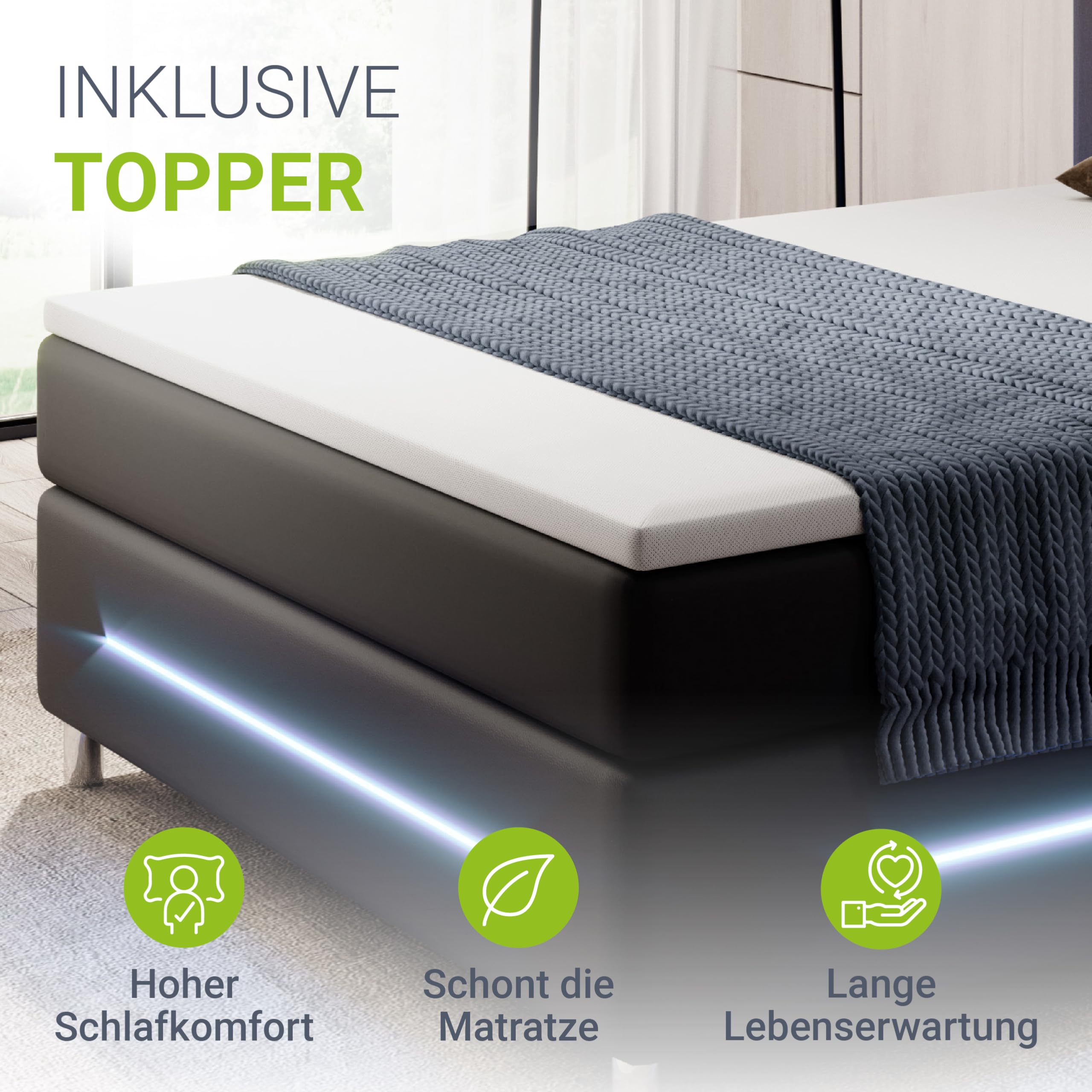 Juskys Boxspringbett Norfolk 200x200 cm - LED Beleuchtung, Bonell Matratze & Topper - 66 cm Komforthöhe - schwarz - Bett Doppelbett Polsterbett