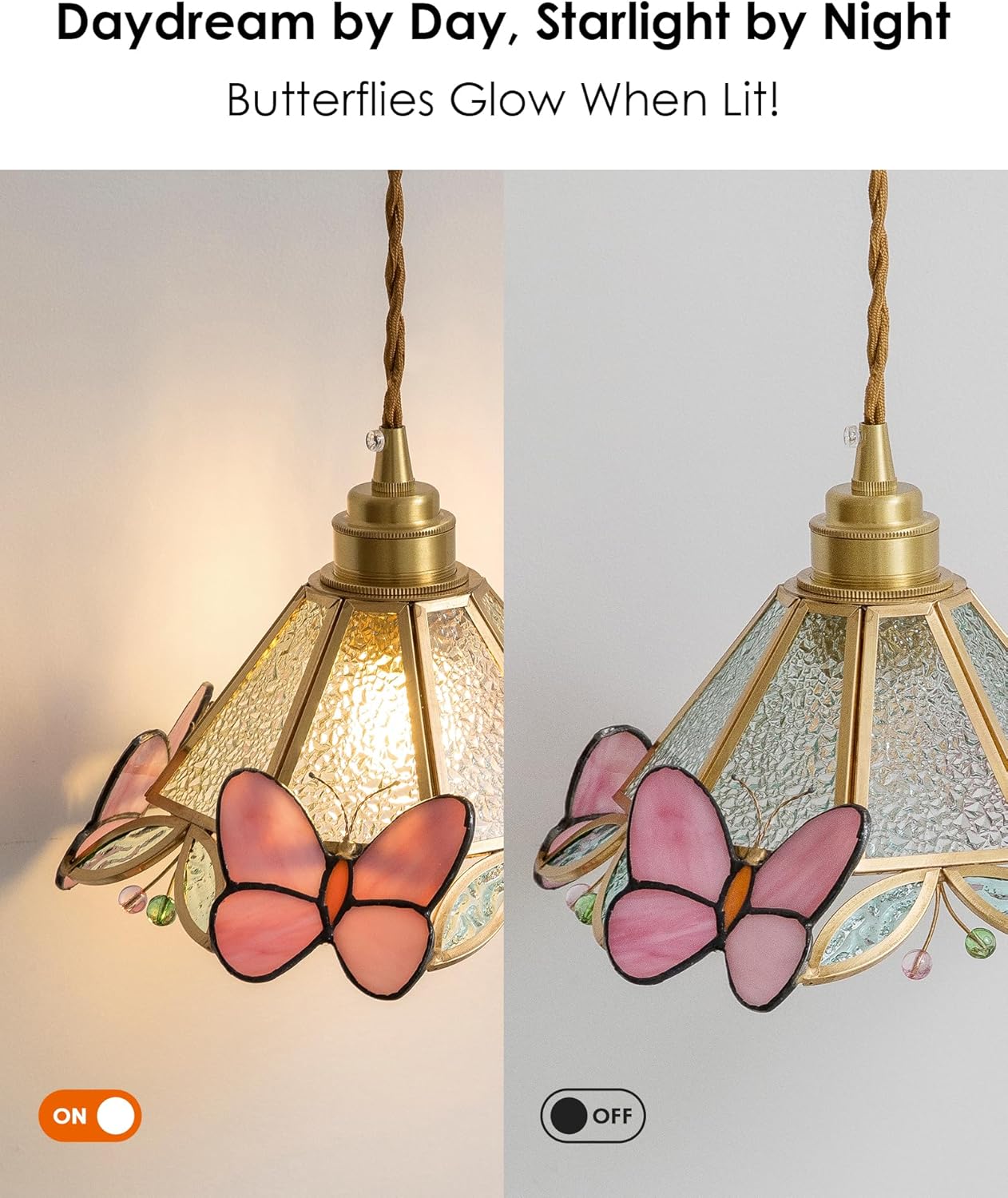 MODIVO Tiffany Stained Glass Butterfly Pendant Light, Small Vintage Chandelier Light Fixture, 8.7" Hanging Lighting Fixtures for Kitchen Island, Dining Room, Living Room, Bedroom, Cafe