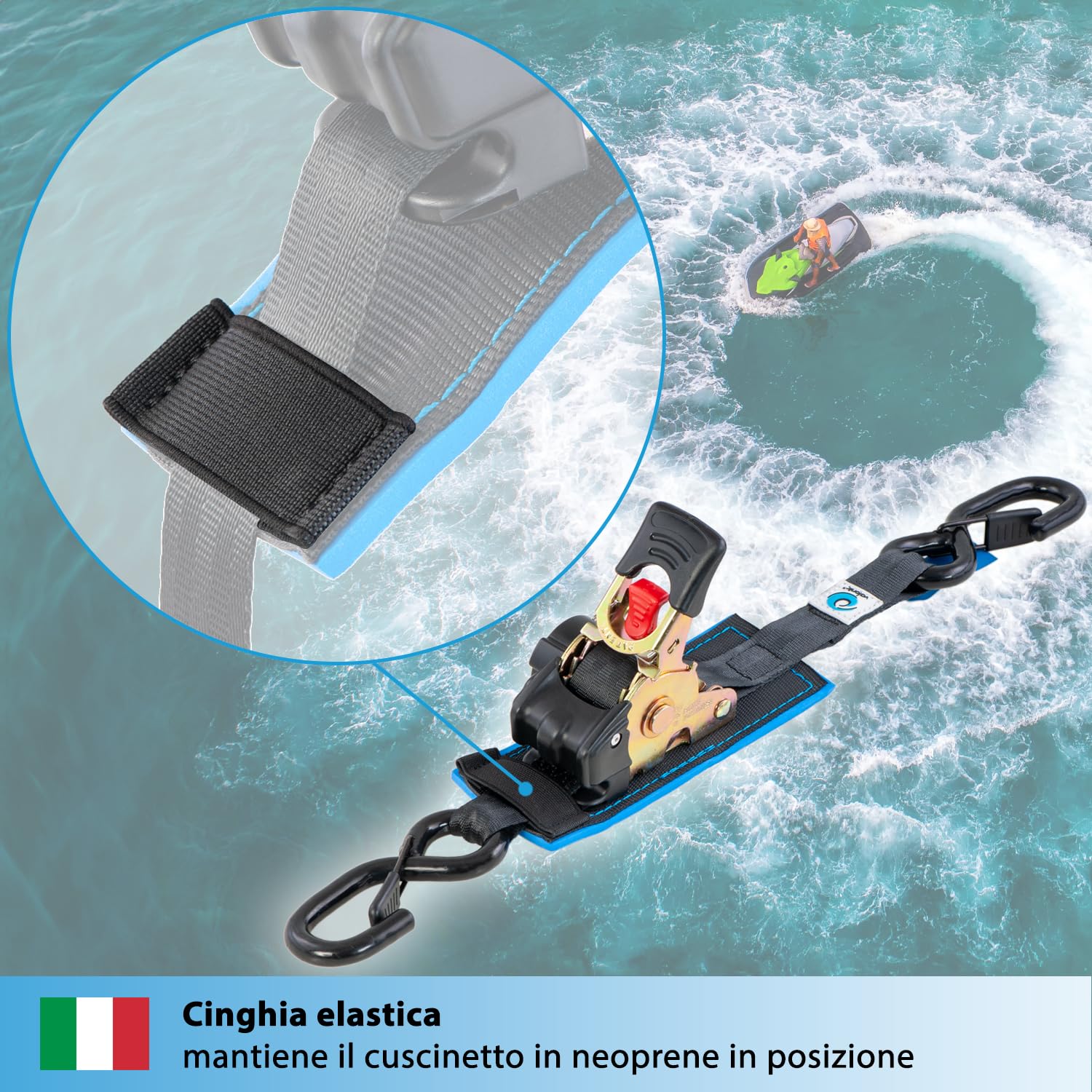 valonic RACOON - 2x 3m cinghie di fissaggio automatico, 25mm, 300/600 Kg, imbottito, EN-12195-2 - con gancio, con cricchetto, nero, per moto