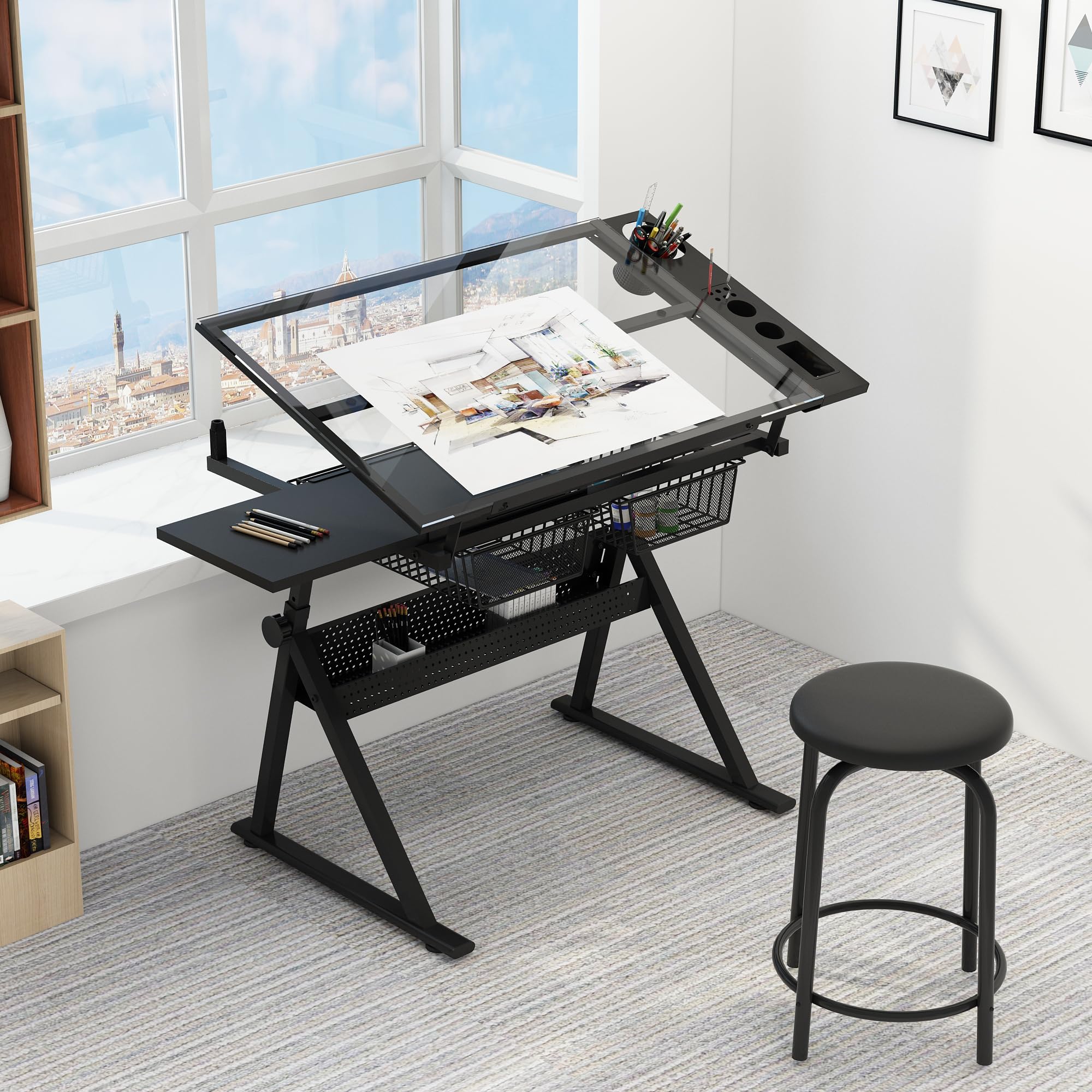 Zeichentisch mit Hocker, Architektentisch Höhenverstellbar 72-92cm, Schreibtisch mit 0-75 ° Neigbarer Tischplatte, Schülerschreibtisch mit 2 Schubladen, Arbeitstisch für Künstler, Schwarz