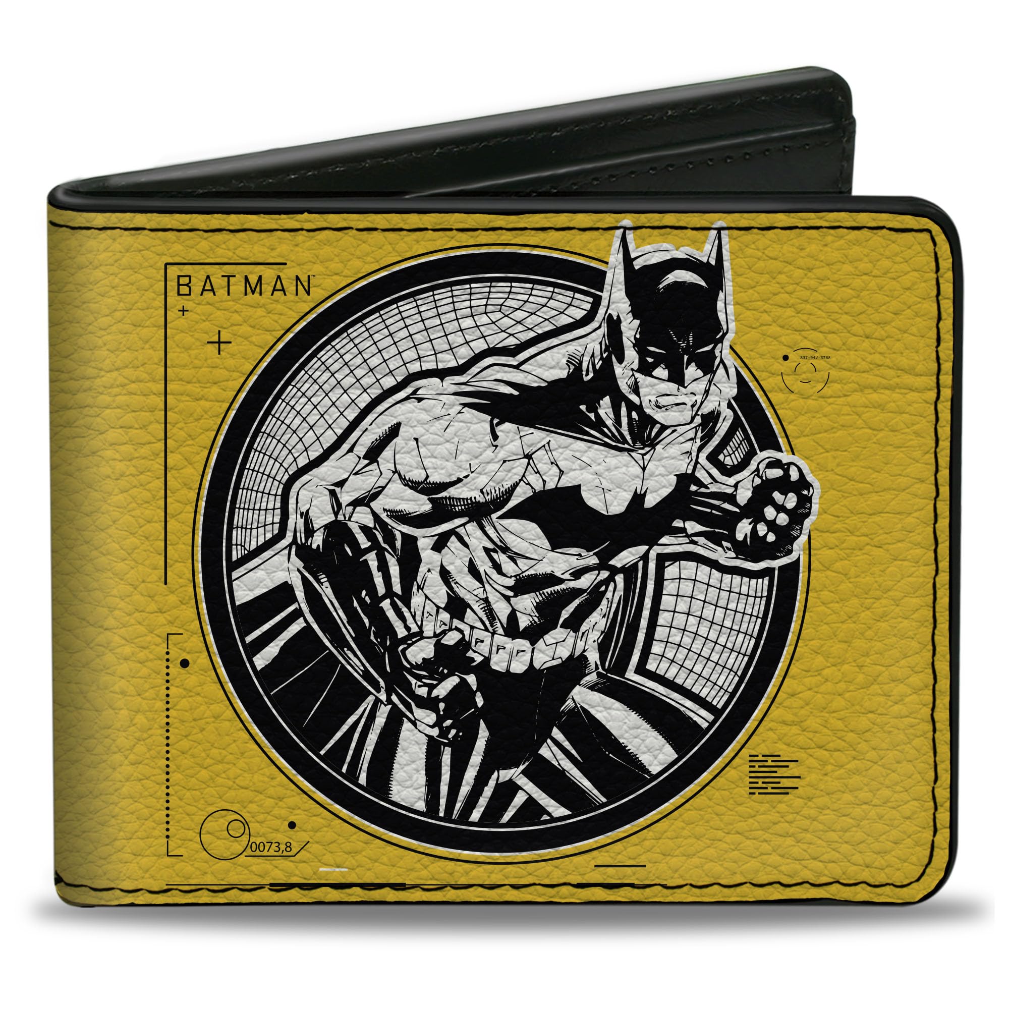 Buckle-Down Men's DC Comics Wallet, Bifold, Batman Tech Action Pose Bat Logo Yellow Black White, Vegan Leather, 4.0