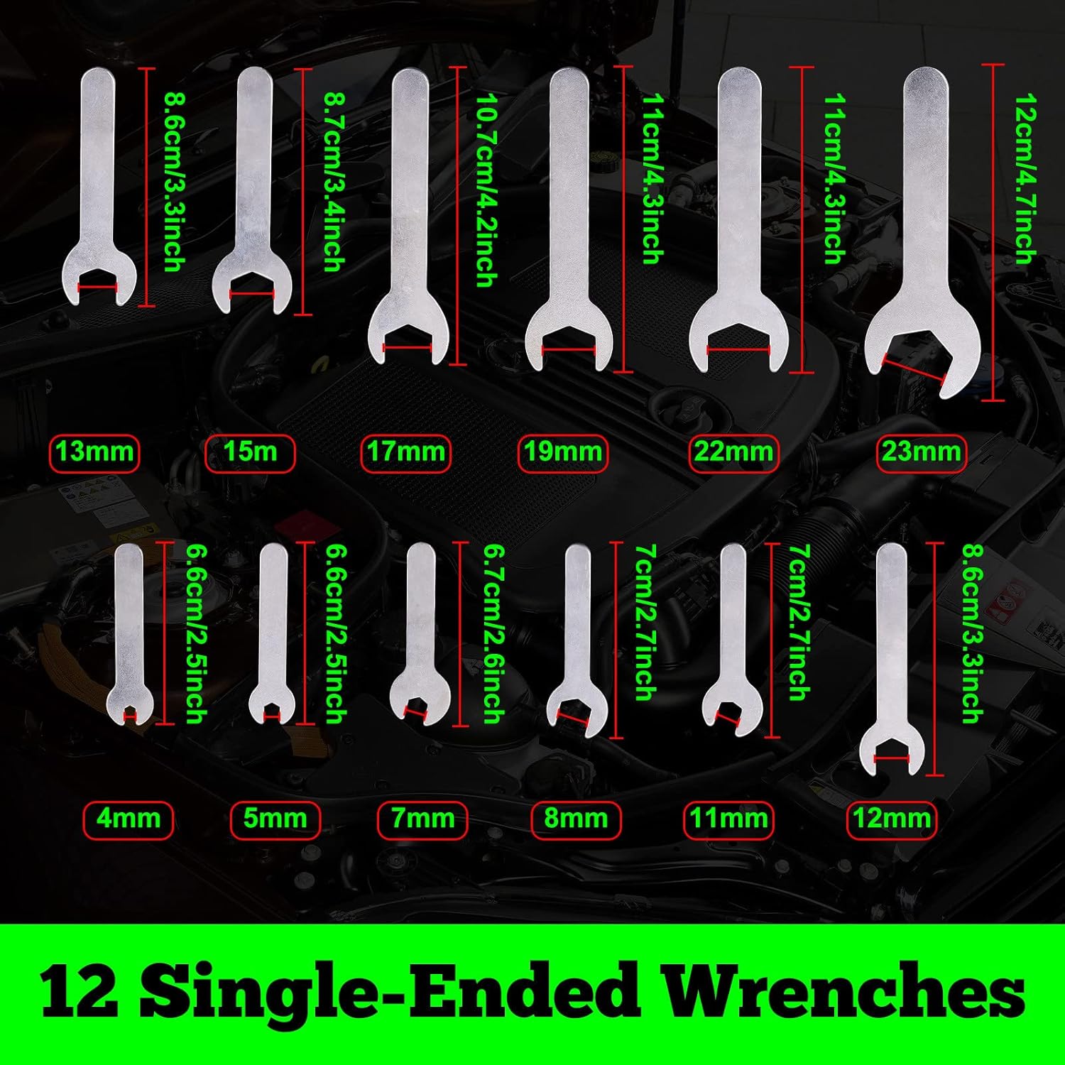 Super Thin Wrench Set, Combination Wrench Set, Includes 12-Piece, 4, 5, 7, 8, 11, 12, 13, 15, 17, 19, 22, 23mm, Carbon Steel