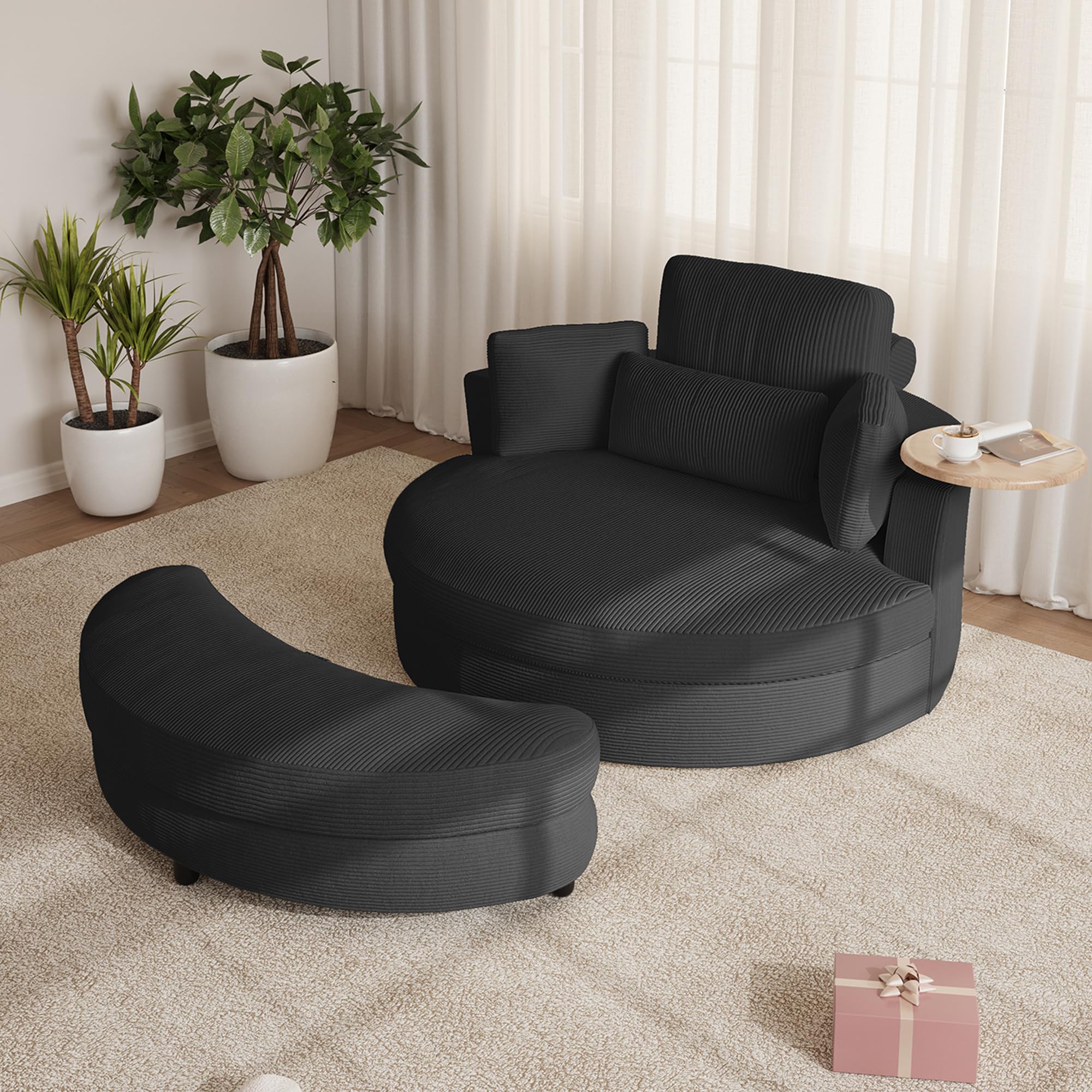 Oversized 360° Swivel Barrel Chair with Storage Ottoman & Rotatable Tray Table, Modern Comfy 51’’ Corduroy Accent Chair with Cresent-Shaped Ottoman, Extra Wide & Deep Seat, Polar Black