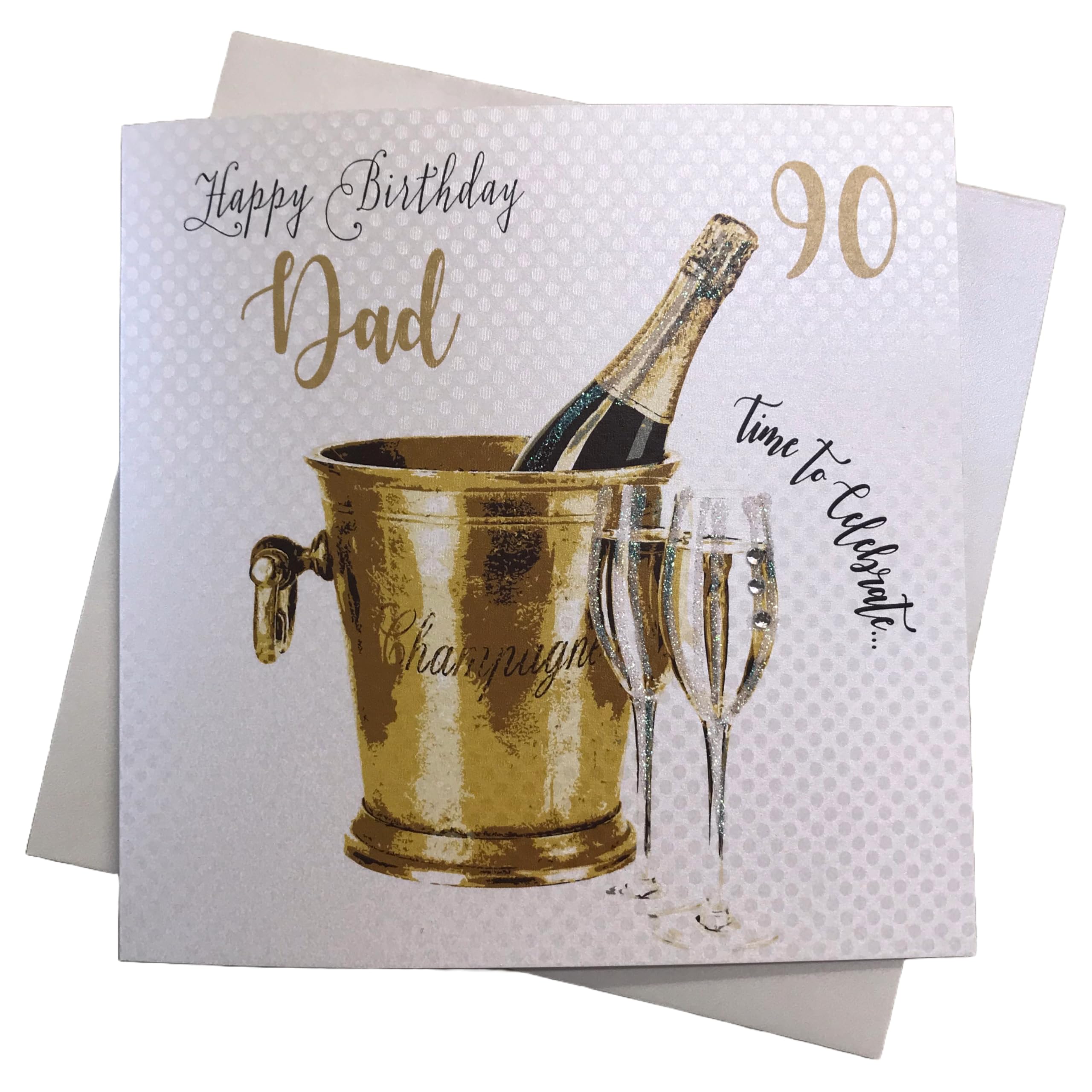WHITE COTTON CARDS "Champagne Bucket, Dad 90 Happy Birthday Handmade 90th Birthday Card, White, wbs90-d NEW