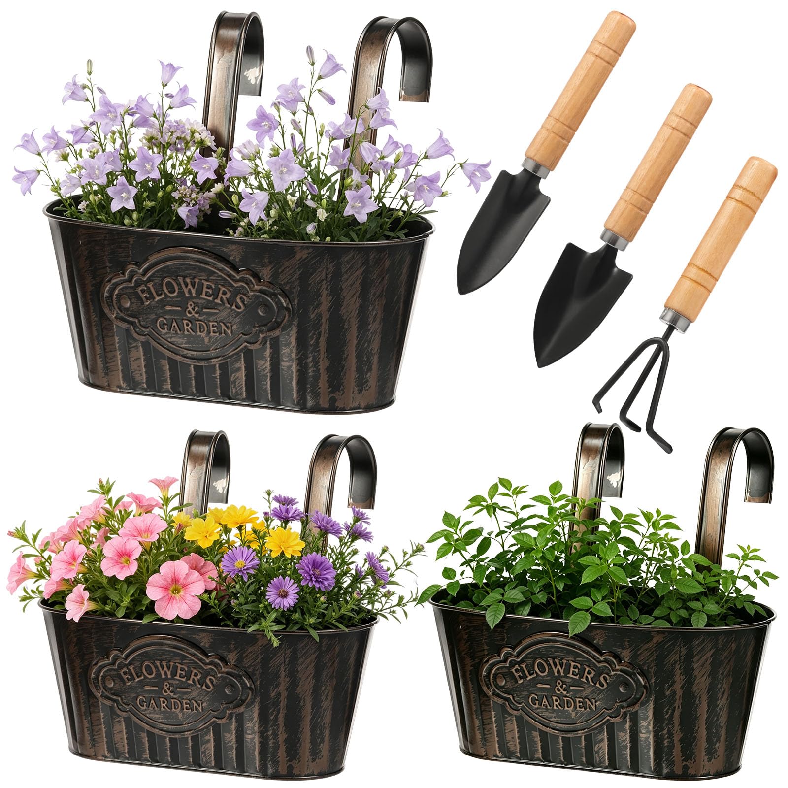 shaojian 3Pcs Over Fence Flower Pots with 3-Piece Mini Garden Tools Set, Vintage Metal Iron Hanging Baskets Outdoor Balcony Fence Planter for Garden Porch Balcony Railing Patio Deck(black+tools)