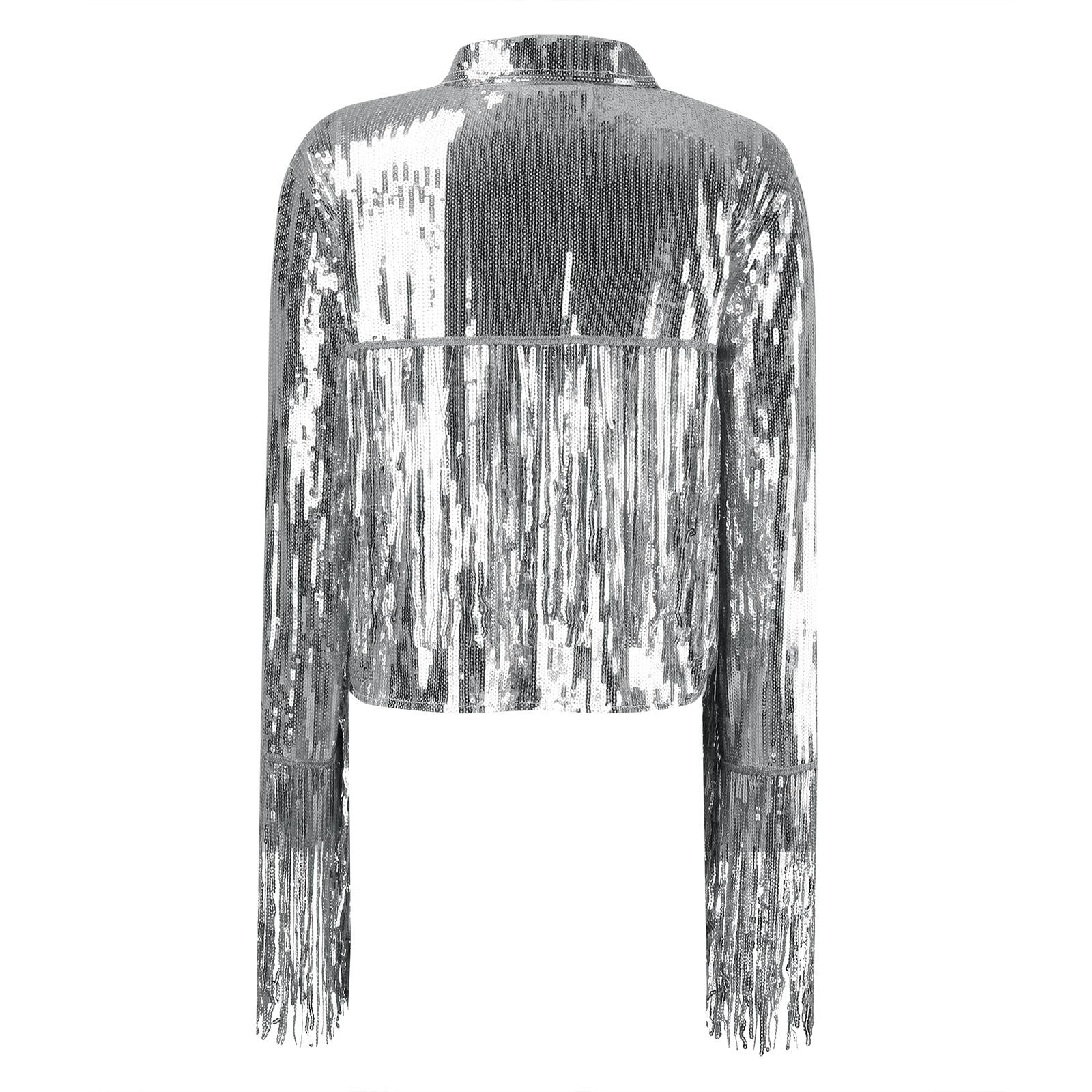 Damen Pailletten Jacken Bomberjacke Langarm Fliegenjacke Bikerjacke mit Fransen Glitzer Crop Top Bolero für Cocktail Party