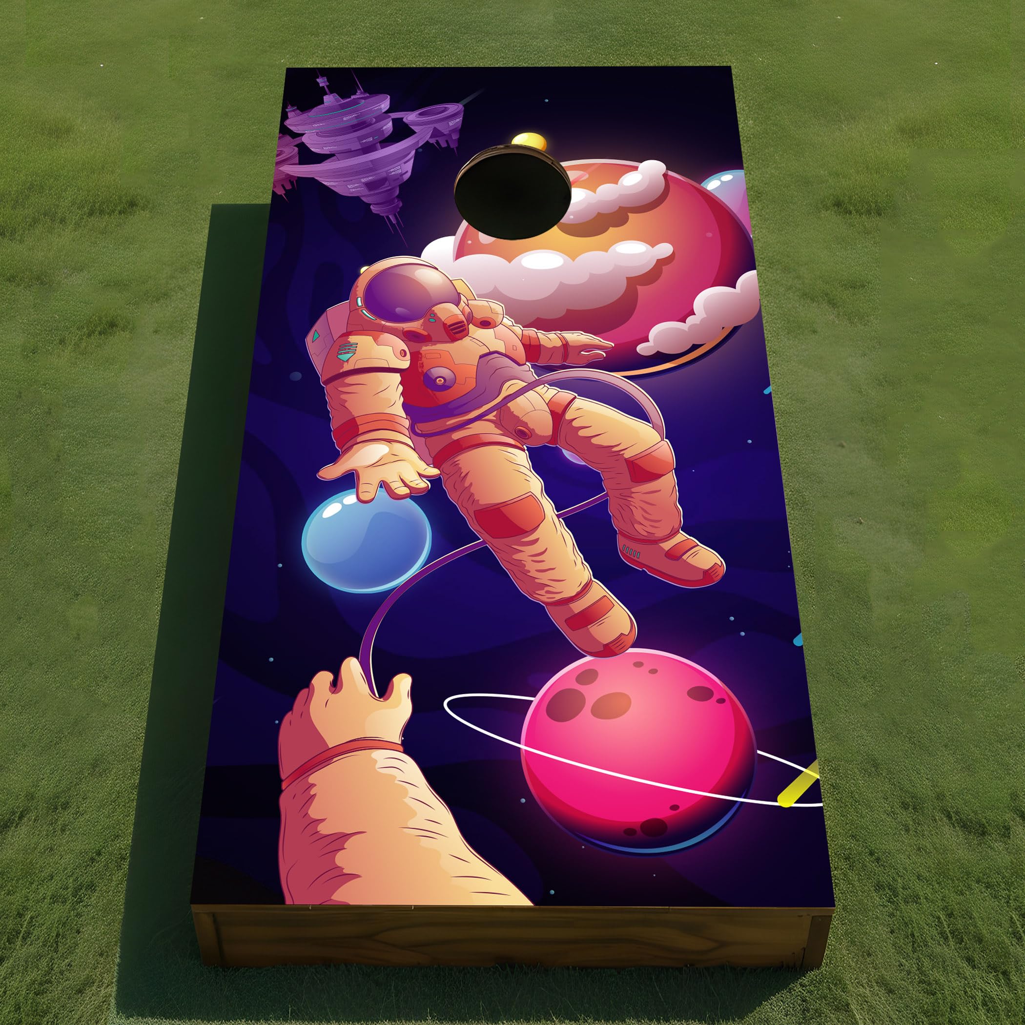 AdesiivoStudio Out of This World Cornhole Board Wraps - Astronaut Adventure Space Odyssey Wrap for Outdoor Games - Galactic Dream Cosmic Voyage Yard Games - Galaxy Explorer Design