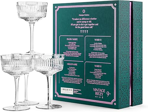 Miniatura 6 de GLASSIQUE CADEAU Vintage Ritzy - Vasos de cóctel y champán  Juego de 4  Cristalería de tallo largo de cristal de 7 onzas para beber Martini,