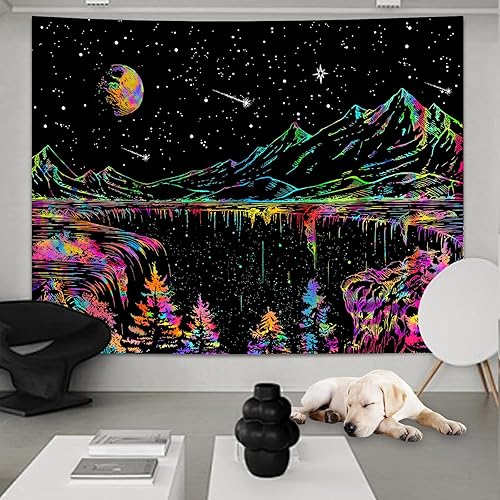Miniatura 7 de Tapiz grande de montaña con luz negra para dormitorio, estético de 71 x 90 pulgadas, gran espacio, luna y estrellas, noche estrellada, tapastries,