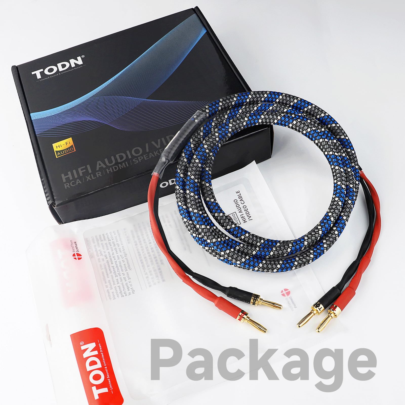 TODN HiFi 4-adriges OFC-Lautsprecherkabel mit Bananenstecker (3 m, 1 Stück) | 4 x 1,27 mm² Audiophiles geschirmtes Boxkabel mit 24K vergoldeten Bananensteckern für Audio-Lautsprecher, HiFi-Systeme