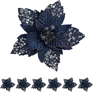 11 inch Large Christmas Glitter Poinsettia Flowers Artificial Gold Flowers Artificial for Decoration Xmas Flowers Christmas Tree Decoration New Year Ornaments Navy 6pcs