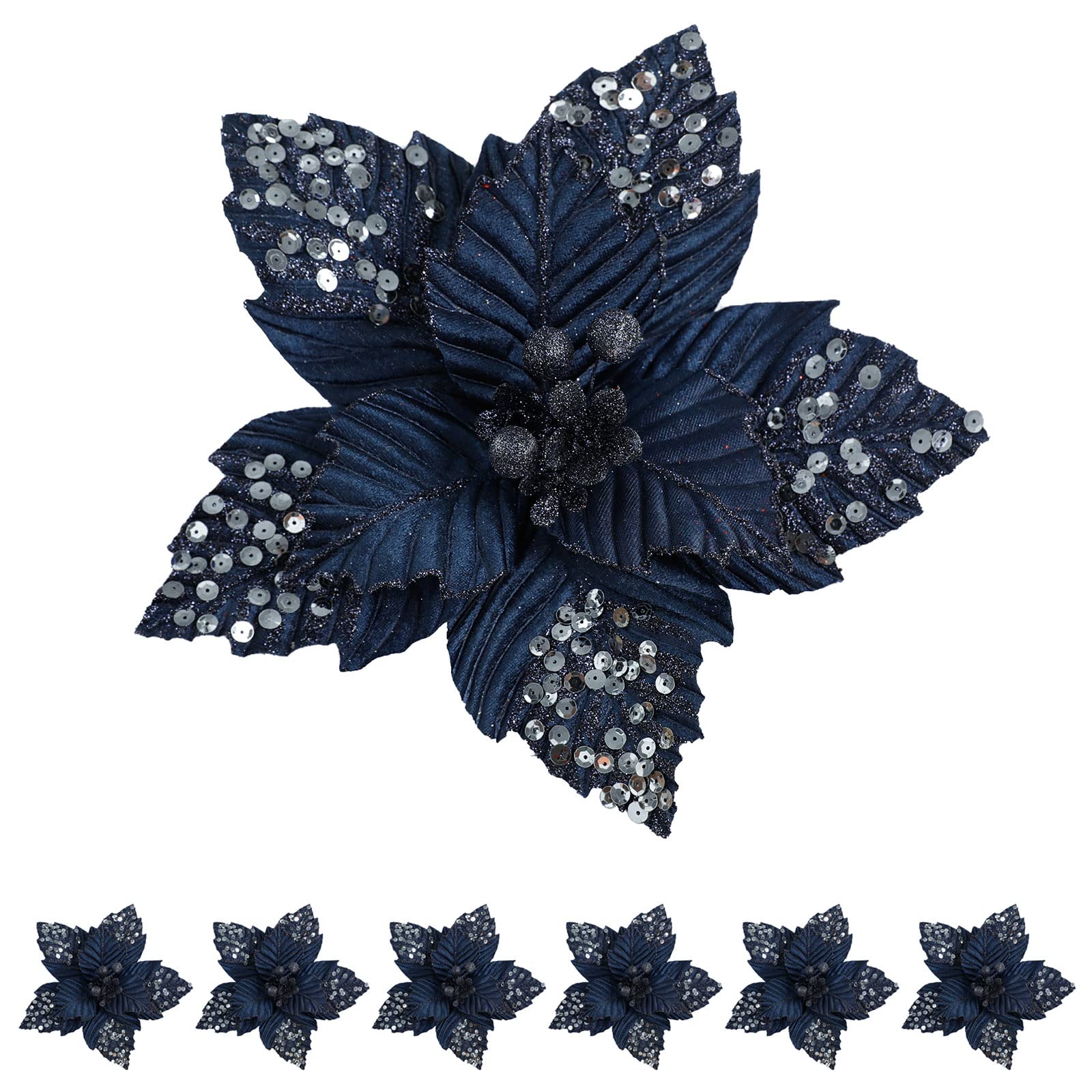Poinsettia artificiel bleu marine 27,9 cm fleur de Noël pailletée grand format lot de 6